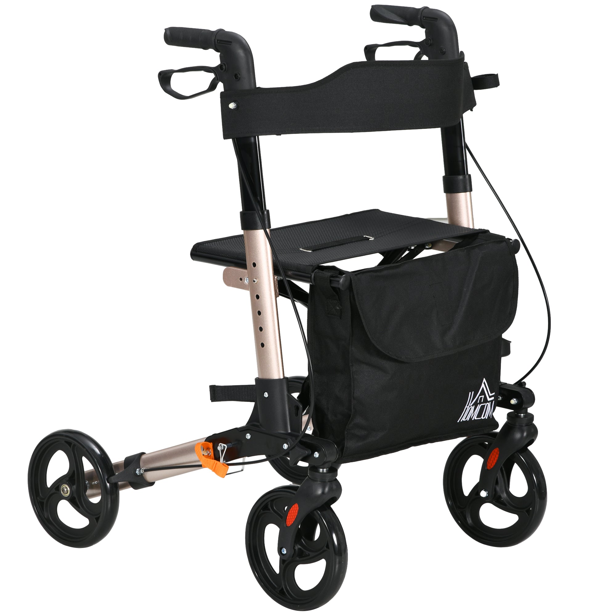 HOMCOM 4 Wheel Rollator with Seat and Back, Folding Mobility Walker with Carry Bag, Adjustable Height, Dual Brakes, Cane Holder, Lightweight Aluminium Walking Frame for Seniors and Disabled, Gold Tone - North Peak Garden Furniture