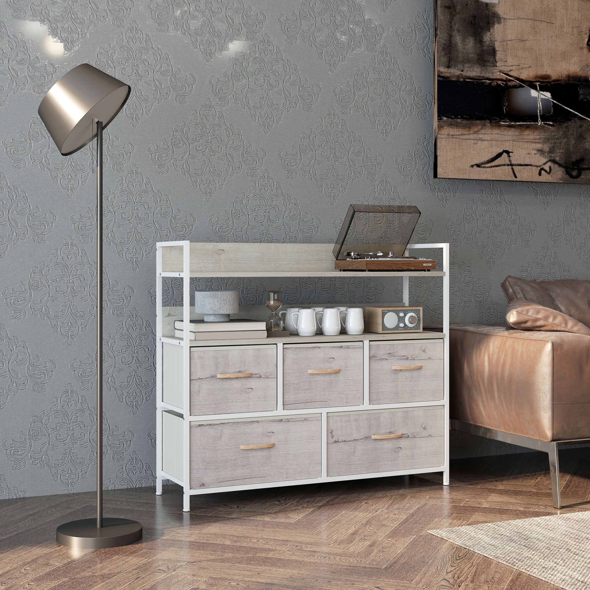 HOMCOM Rustic Chest of Five Fabric Drawers - Natural - North Peak Garden Furniture