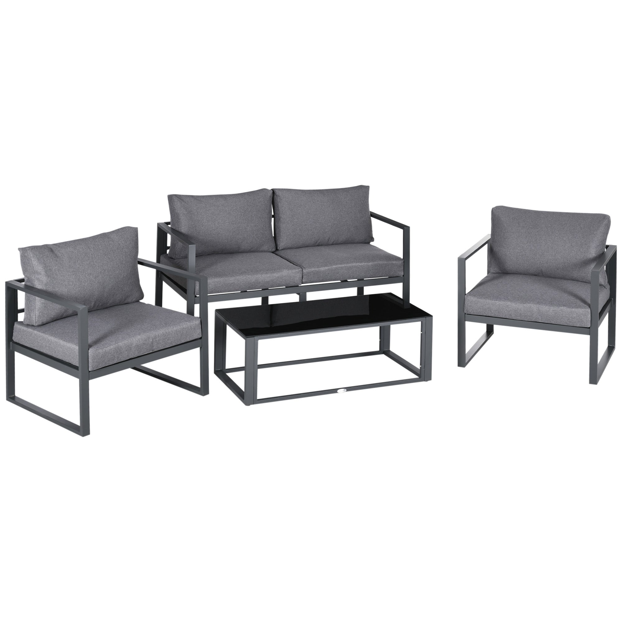 Outsunny 4 Pieces Garden Sofa Set 2 Single Armchair 1 Bench & Side Table Set Aluminium Frame Patio Furniture with Cushions Grey - North Peak Garden Furniture