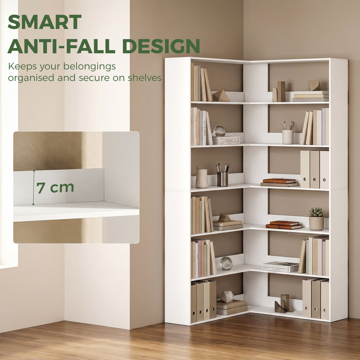 HOMCOM 7 Tiers Bookshelf, L-Shaped Corner Bookcase with Anti-Slip Rear Guard, White Wood Effect