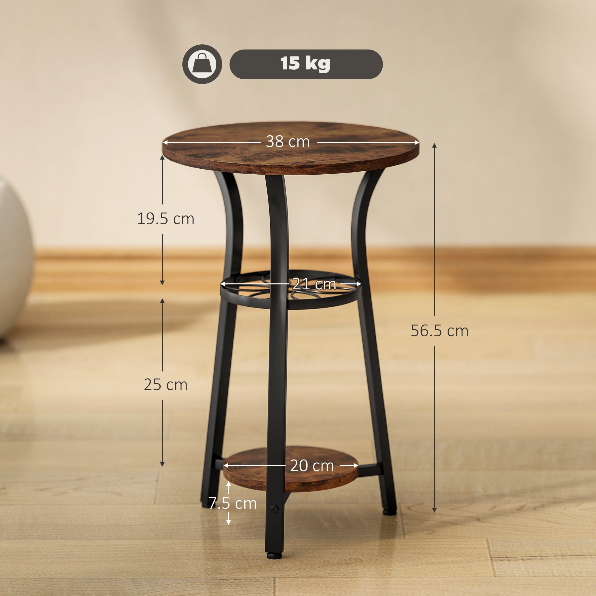 HOMCOM Small Round Side Table with 3 Storage Shelves - Rustic Brown - North Peak Garden Furniture