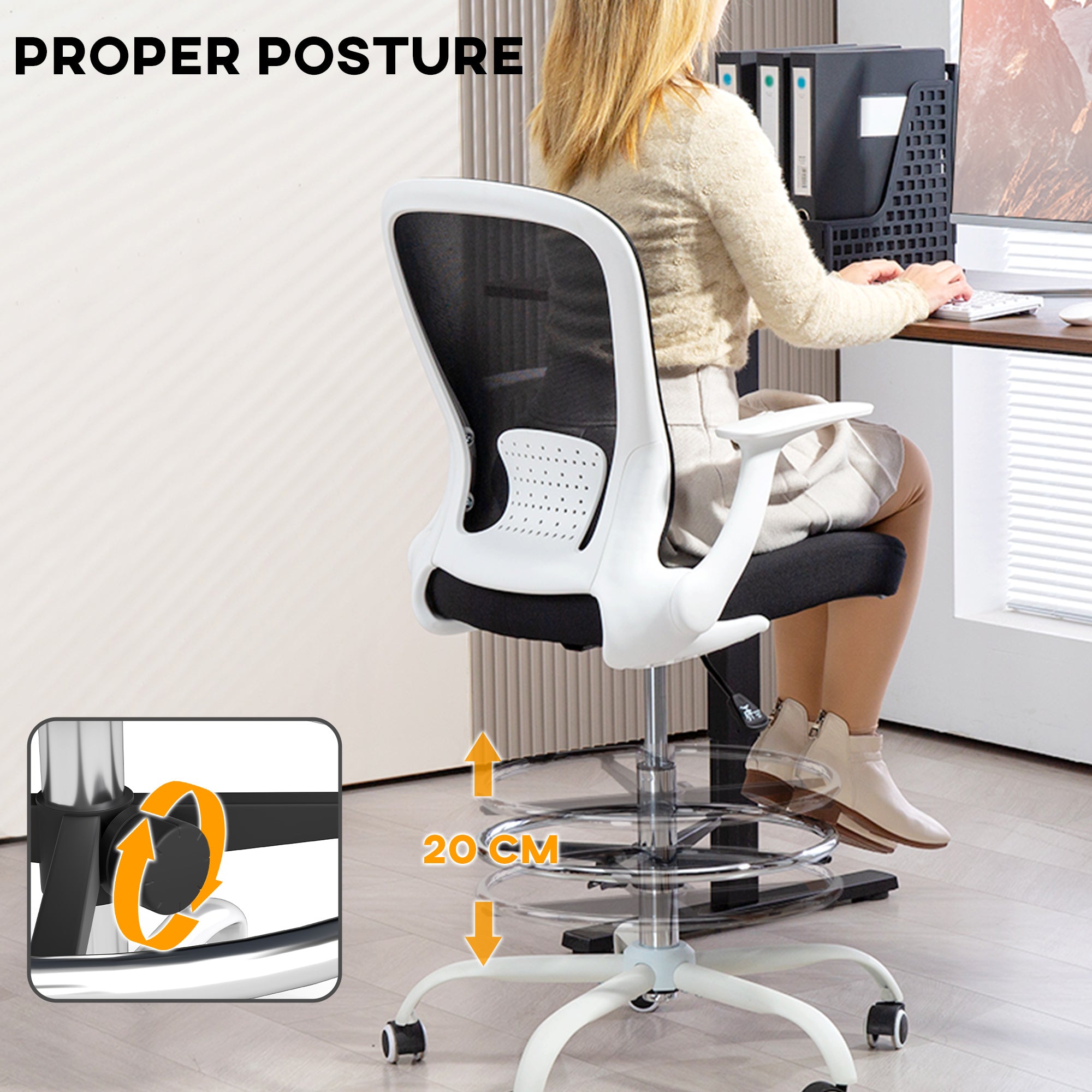 HOMCOM Draughtsman Chair, Mesh Drafting Chair, Ergonomic Office Chair with Flip-up Armrest, Adjustable Foot Ring, Black White - North Peak Garden Furniture