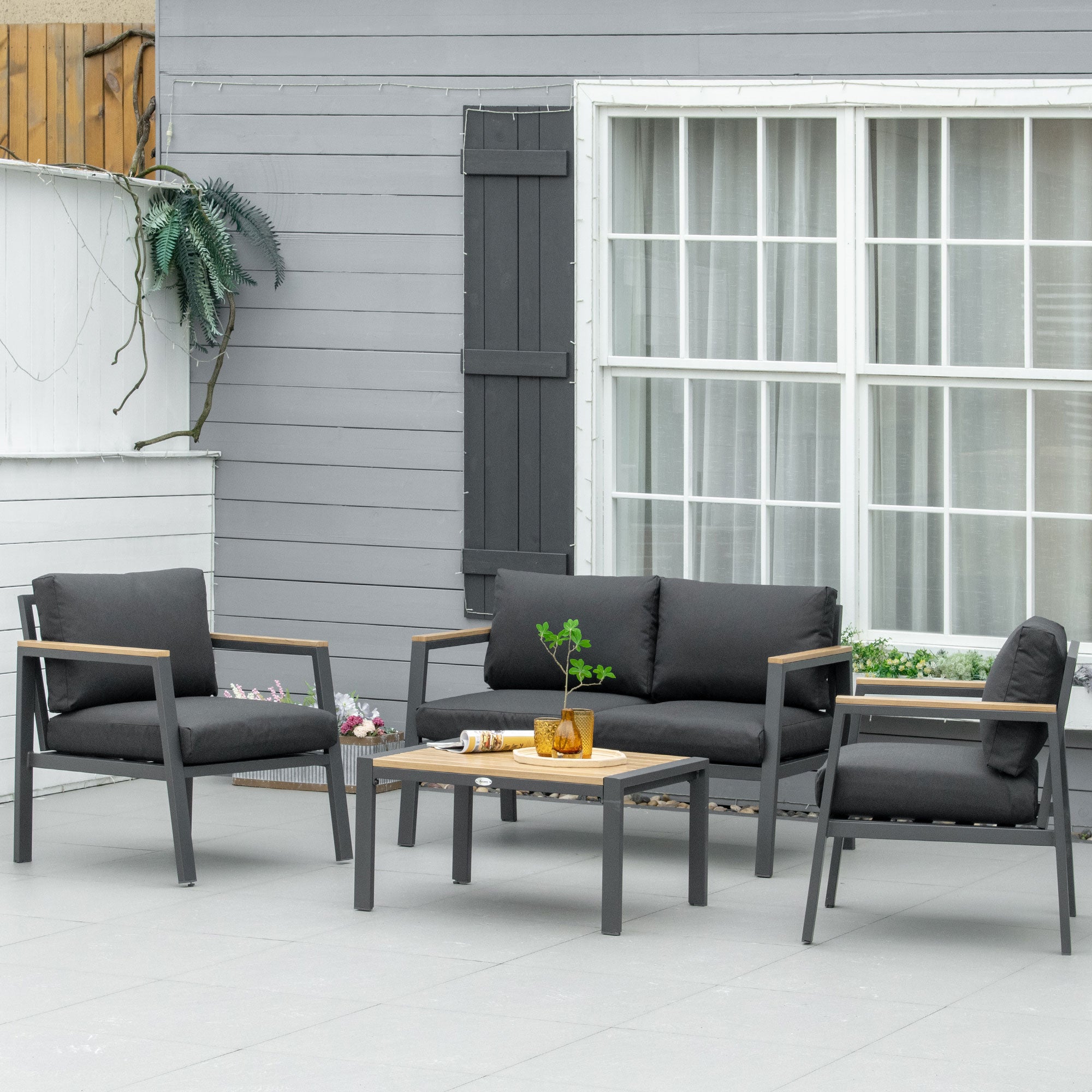 Outsunny 4 Piece Garden Sofa Set with Padded Cushions, 4-Seater Aluminium Outdoor Conversation Furniture Set with Coffee Table, Grey - North Peak Garden Furniture