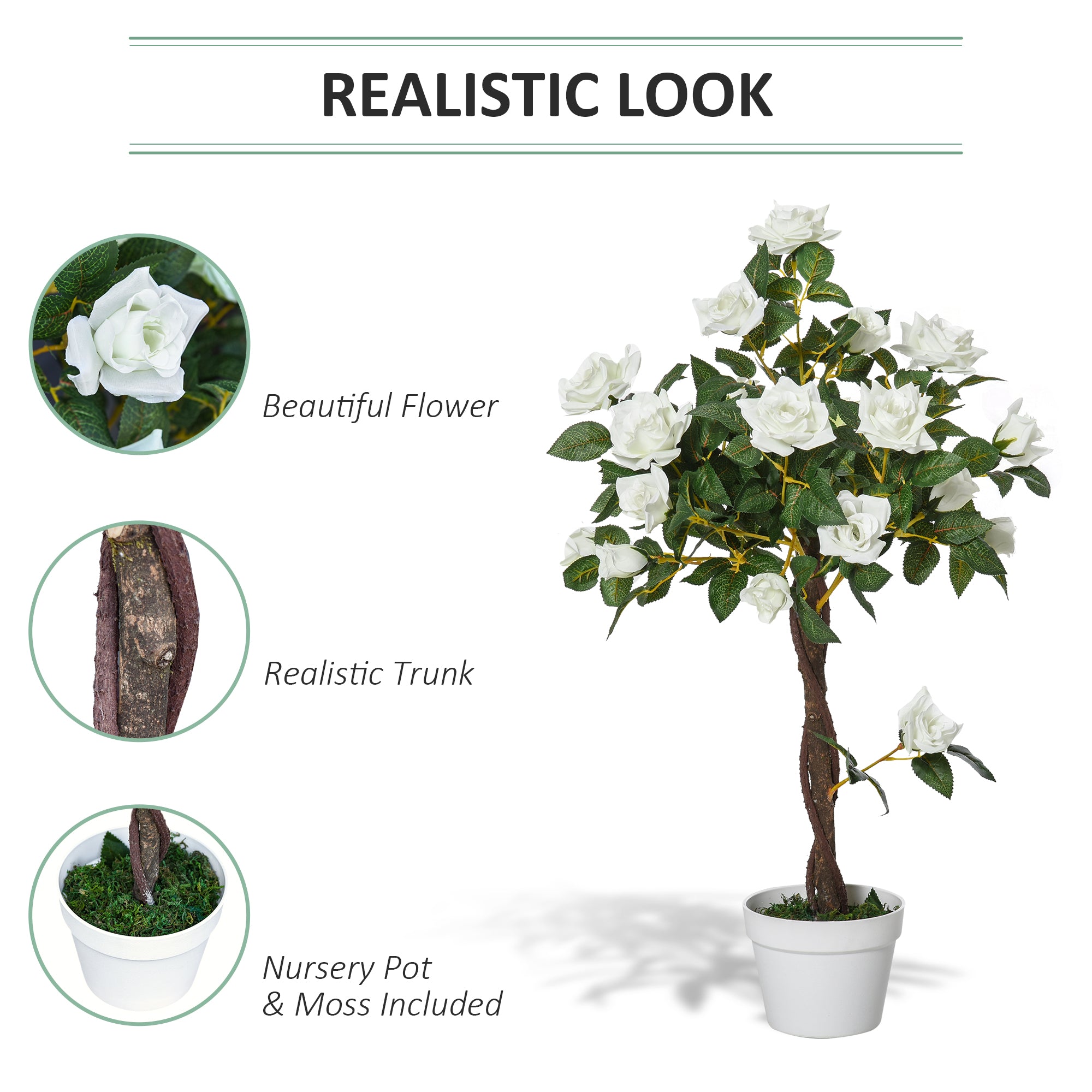 Outsunny Artificial Plants White Rose Floral in Pot, Fake Plants for Home Indoor Outdoor Decor, 90cm - North Peak Garden Furniture