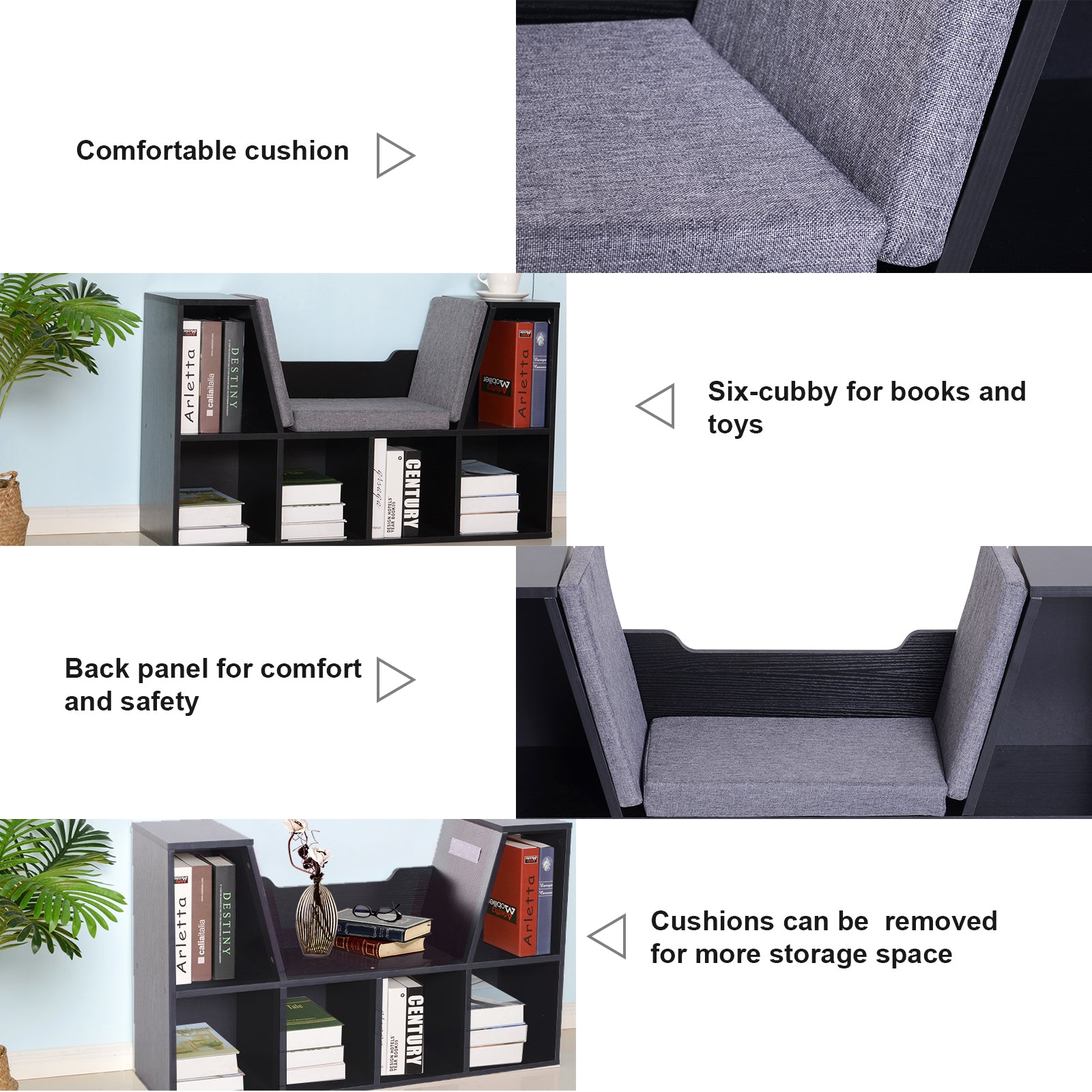 HOMCOM Bookcase Storage Shelf with Cushioned Reading Seat, Cube Bookshelf Organizer for Bedroom Living Room, Black