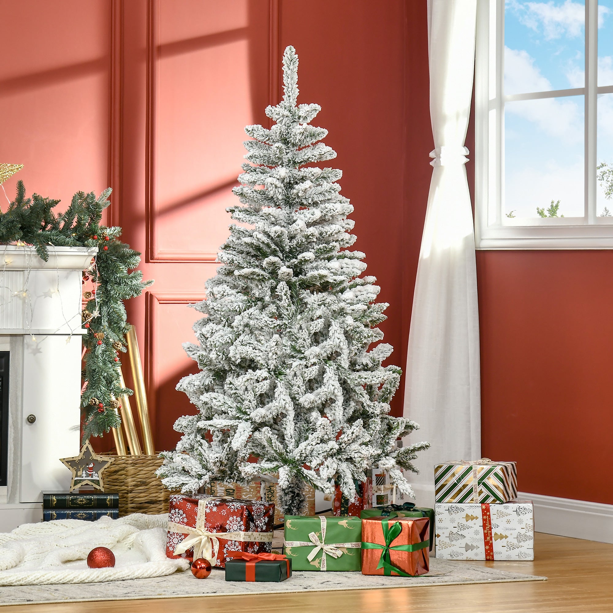 HOMCOM 5 Ft Snow Flocked Artificial Christmas Tree Xmas Pine Tree with Realistic Branches, Auto Open and Steel Base, Green - North Peak Garden Furniture