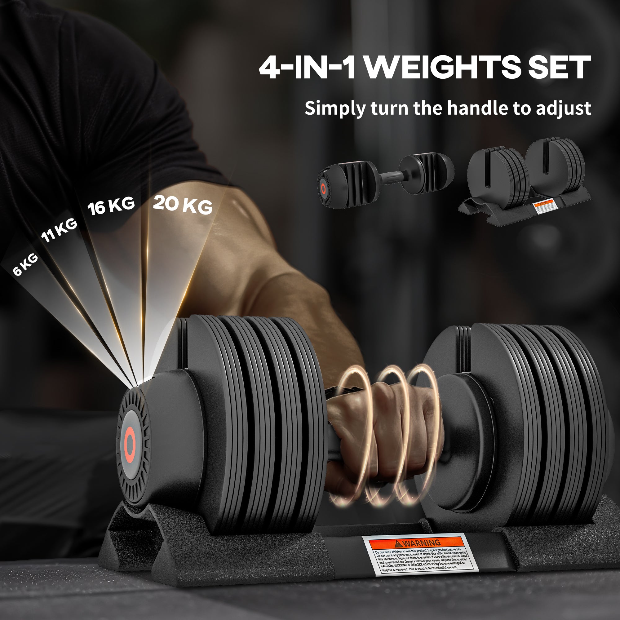 SPORTNOW 2 x 20KG Adjustable Dumbbells Set, 4-in-1 Weights Set with Storage Tray and Non-Slip Handle, Home Gym Fitness Equipment, Black - North Peak Garden Furniture