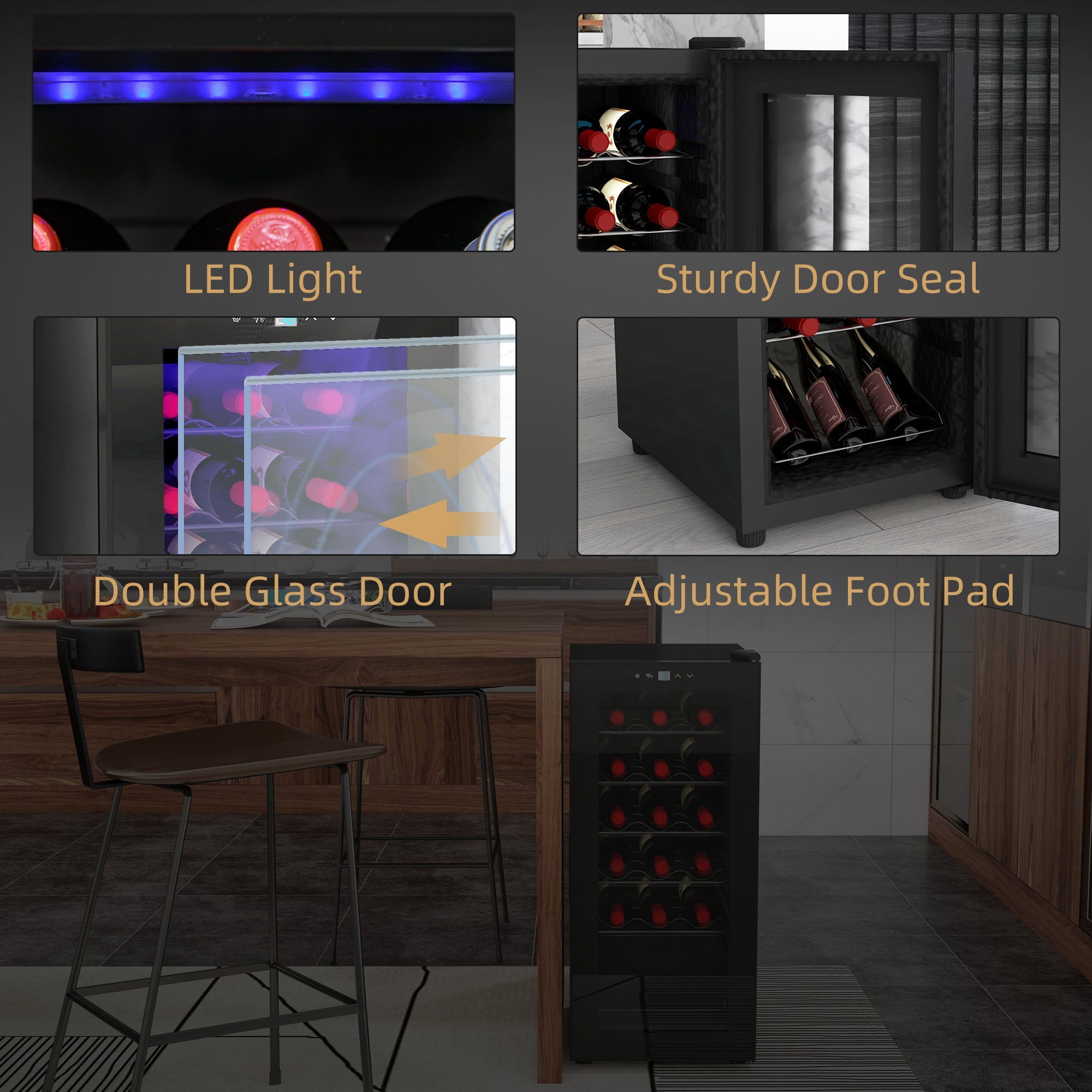 HOMCOM 50L Wine Cooler, 18 Bottles Freestanding Wine Fridge with Glass Door, LED Light, Temperature Control and Digital Touch Screen, Black - North Peak Garden Furniture