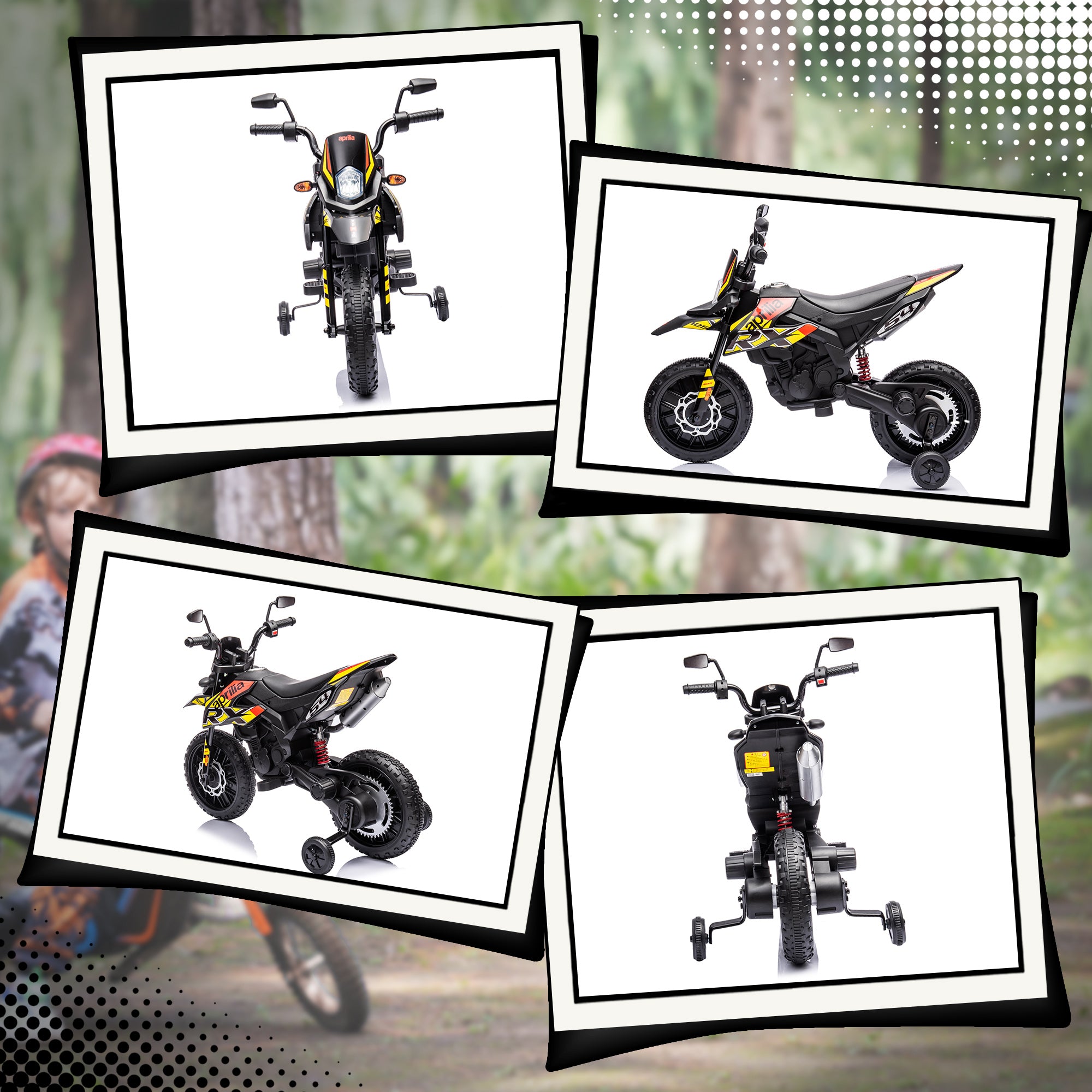 AIYAPLAY 12V Aprilia Licenced Kids Motorbike with Training Wheels, Spring Suspension, LED Light, USB, Music, Yellow - North Peak Garden Furniture