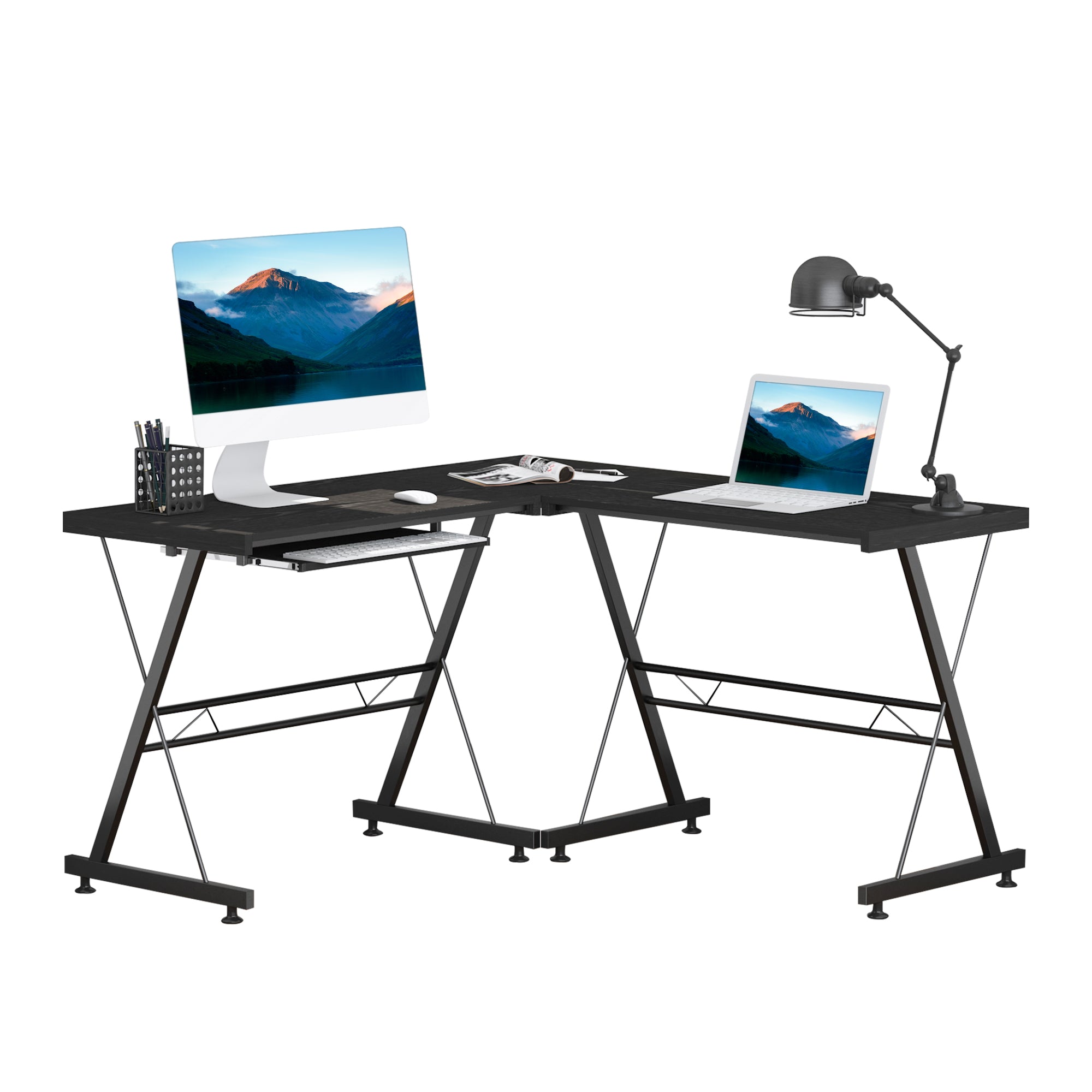HOMCOM L Shaped Gaming Desk, Corner Computer Desk with Keyboard Tray, Work Table for Home Office, Study Workstation, 130 x 130 x 73.5cm, Black - North Peak Garden Furniture