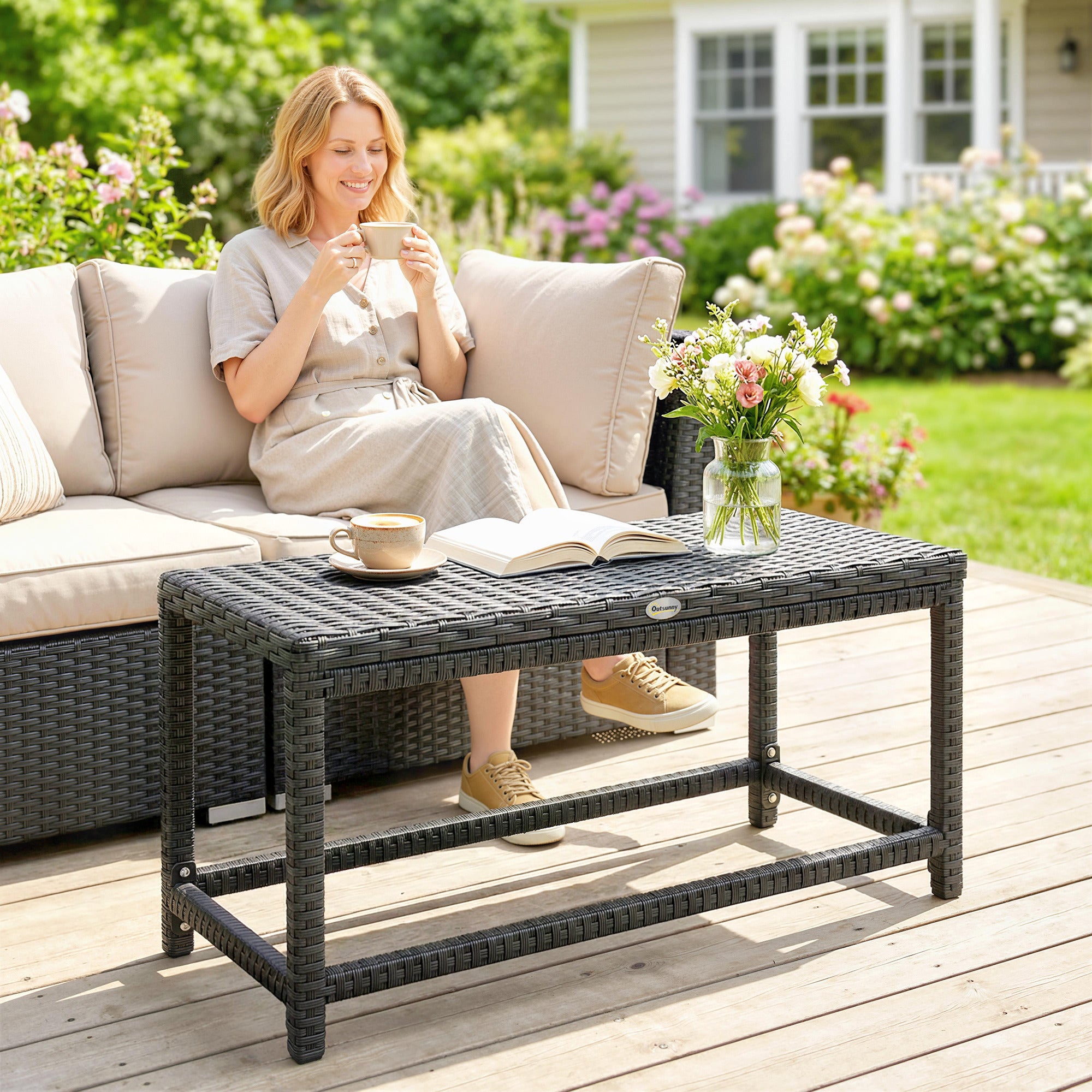 Outsunny Outdoor Coffee Table Side Table with Rectangular Frame for Patio, Balcony, Black
