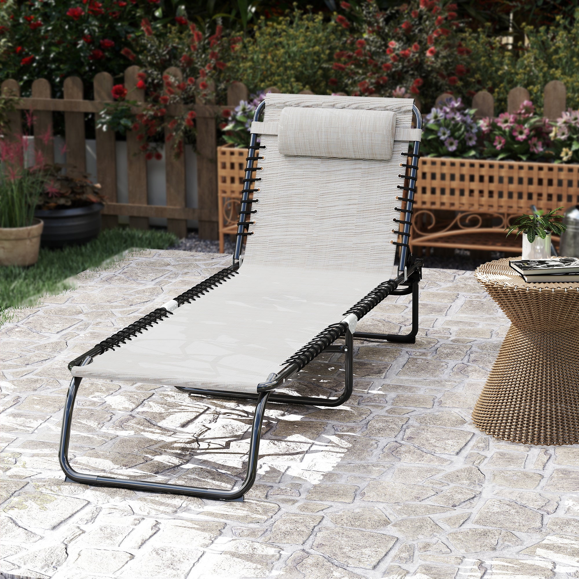 Outsunny Foldable Sun Lounger, Outdoor 4 Level Adjustable Backrest Reclining Chaise Chair, Steel Frame Recliner Chair for Camping, Hiking, Cream White