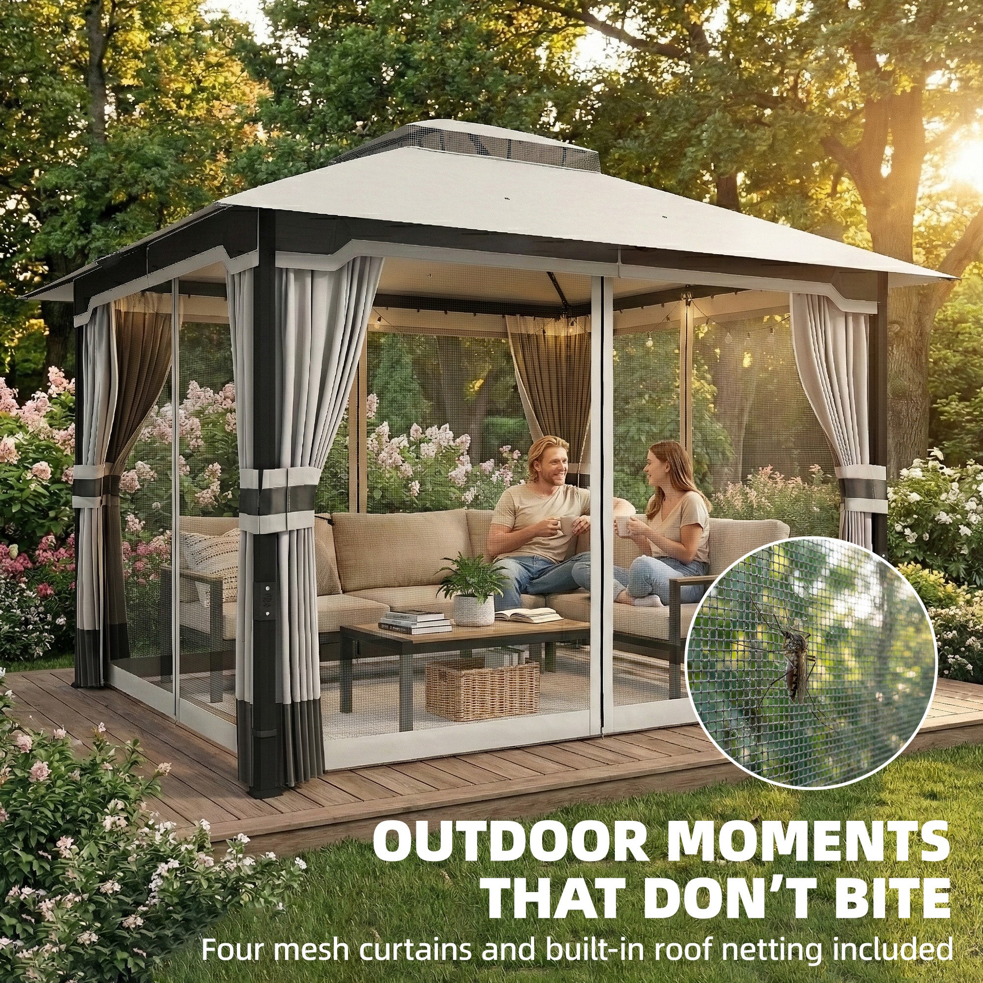 Outsunny 3 x 3.6 m Outdoor Garden Gazebo with Netting and Curtains, Double Roof Patio Gazebo Permanent Pavilion, Light Grey