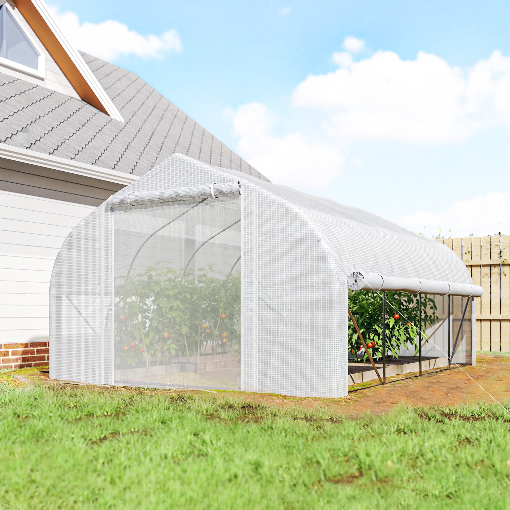 Outsunny 4 x 3(m) Walk-in Polytunnel Greenhouse, Zipped Roll Up Sidewalls, Mesh Door, 8 Mesh Windows, Tunnel Warm House Tent with PE Cover, Complimentary Plant Labels and Gloves, White
