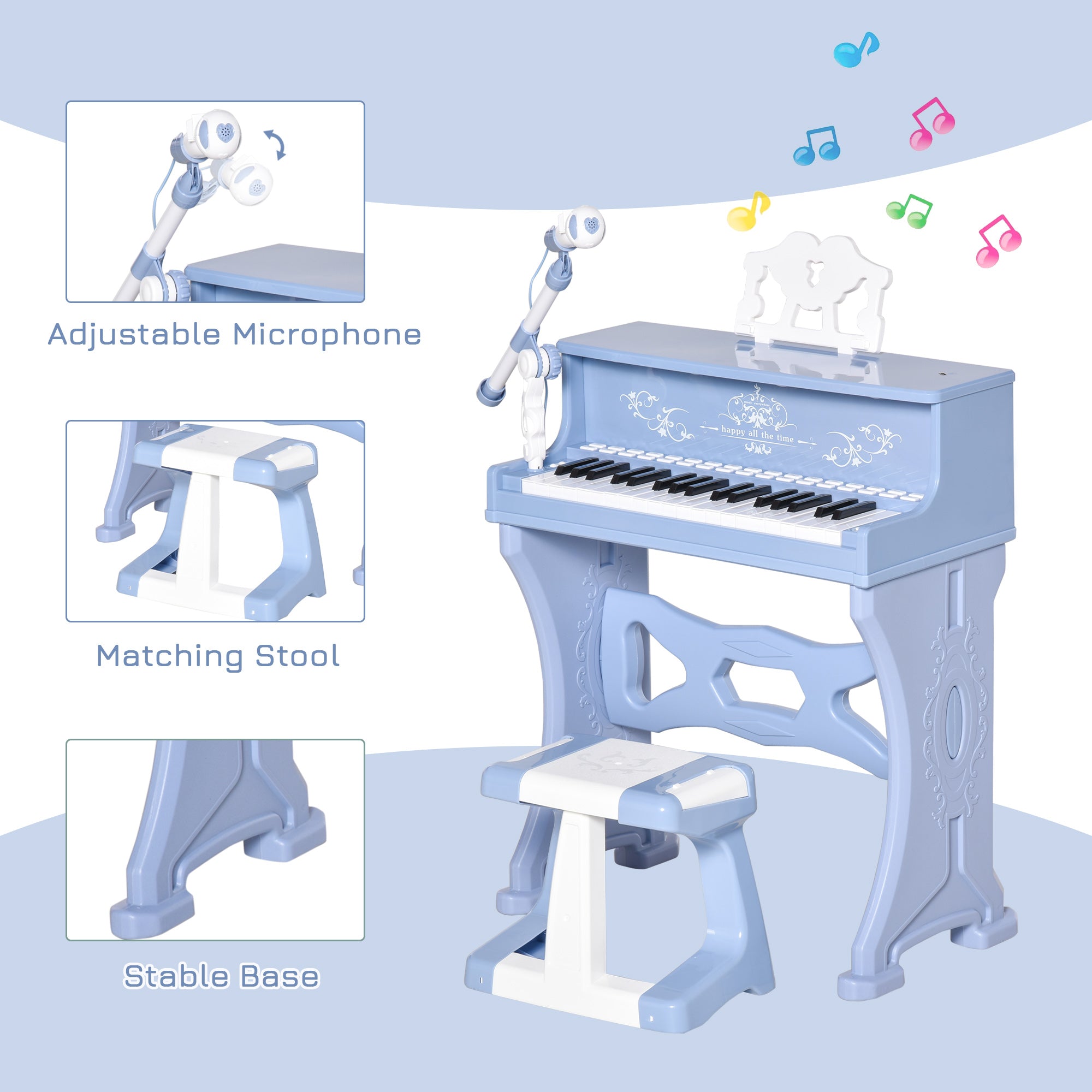 HOMCOM 37 Keys Kids Piano Mini Electronic Keyboard Light Kids Musical Instrument Educational Game Children Grand Piano Toy Set w/Stool & Microphone & Music Stand (Blue) - North Peak Garden Furniture