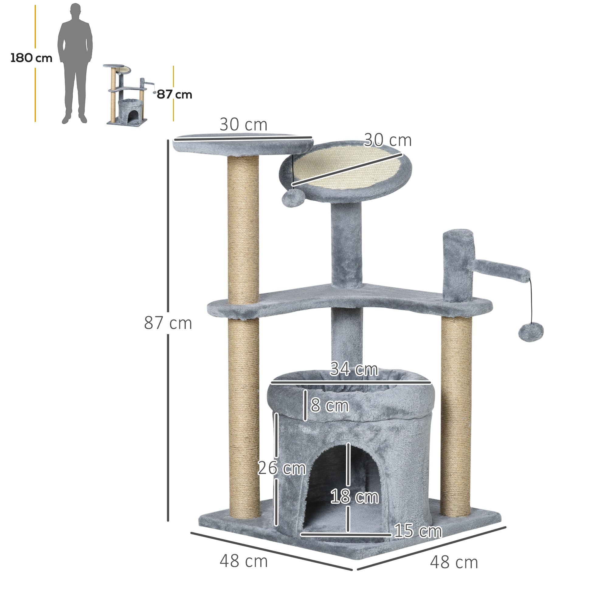 PawHut 87 cm Cat Tree for Indoor Cats, Kitten Tree Tower with Scratching Posts Pad, Cat Condo, Plush Perches, Hanging Ball - Grey