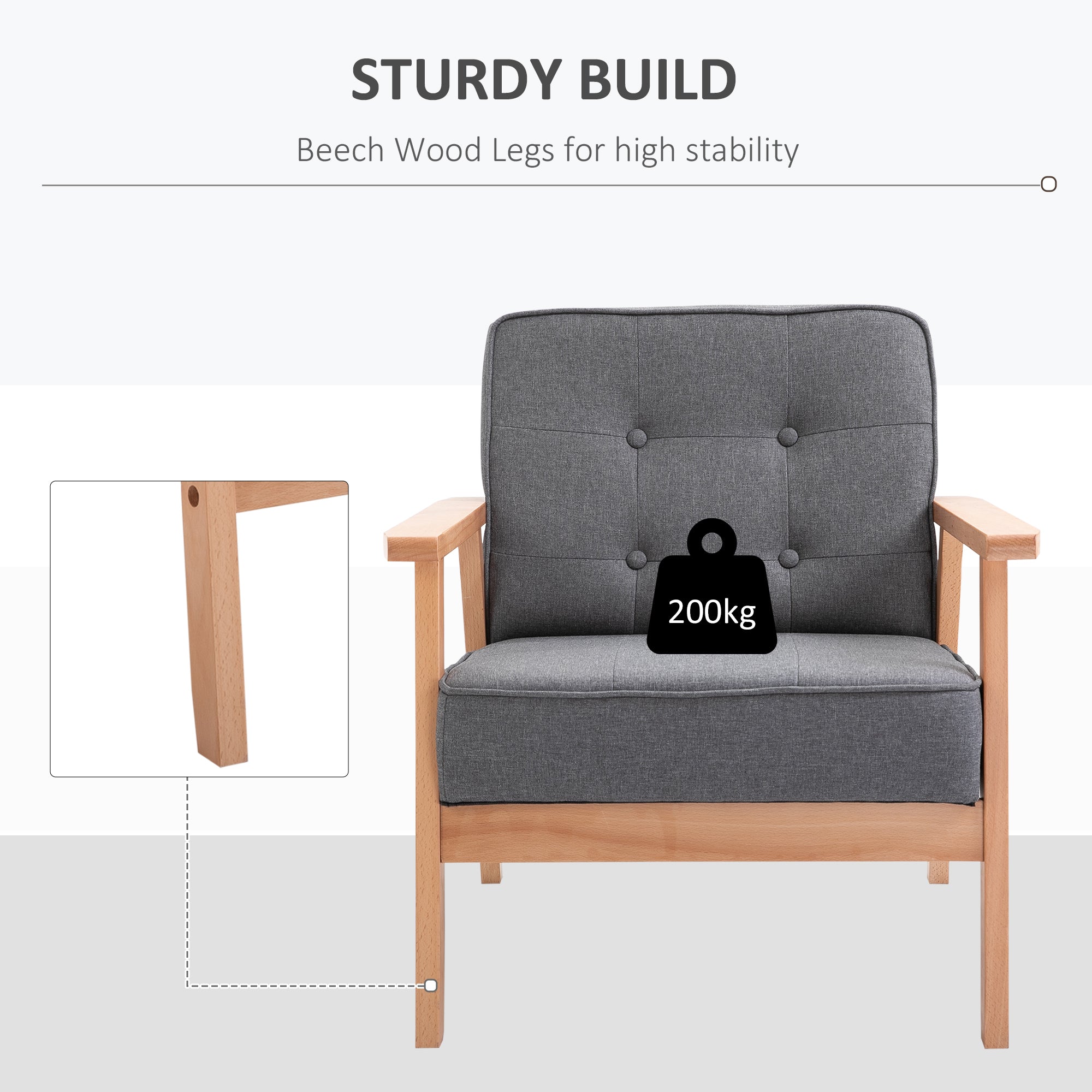 HOMCOM Armchair, Linen Fabric Accent Chair, Occasional Chair with Beech Wood Frame for Living Room, Reception, Bedroom, Balcony, Set of 2, Grey and Natural - North Peak Garden Furniture