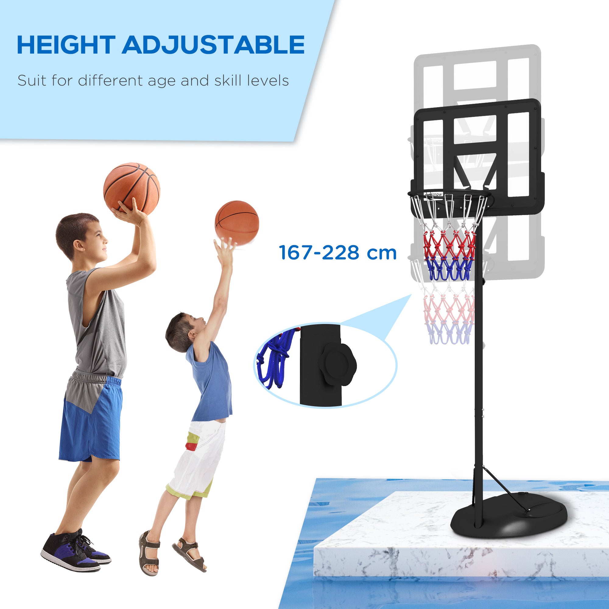 SPORTNOW Height Adjustable Basketball System, Freestanding Basketball Hoop and Stand w/ Wheels, 167-228cm - North Peak Garden Furniture