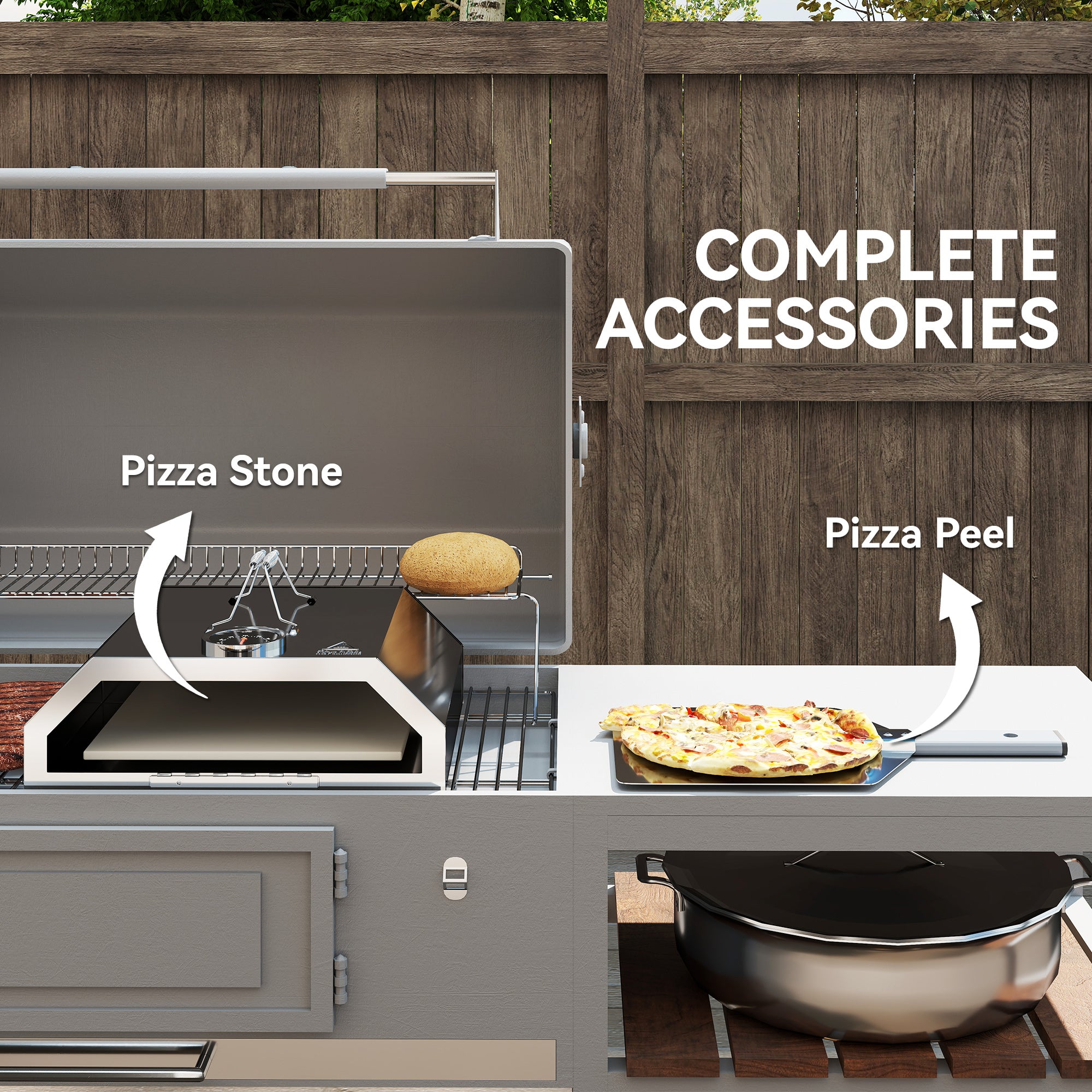 Outsunny 8 in Portable Stainless Steel BBQ Grill Top Pizza Oven with Built-in Thermometer and Viewing Window for Gas and Charcoal BBQ Grills, Includes Carry Handles, Pizza Stone and Peel, Silver Tone - North Peak Garden Furniture