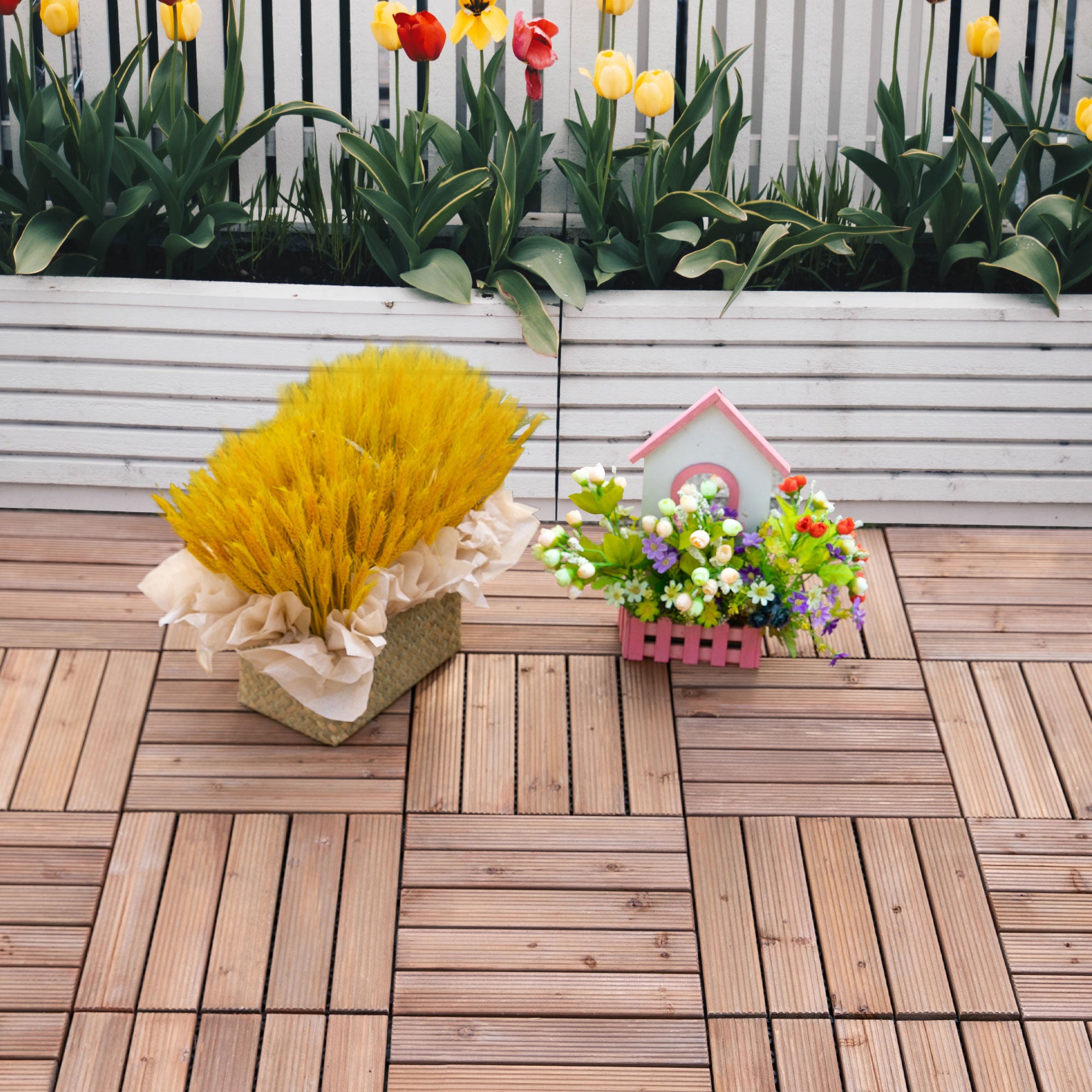 Outsunny 27 Pcs Floor Tiles Interlocking Solid Wood DIY Deck Tiles Indoor Outdoor Flooring