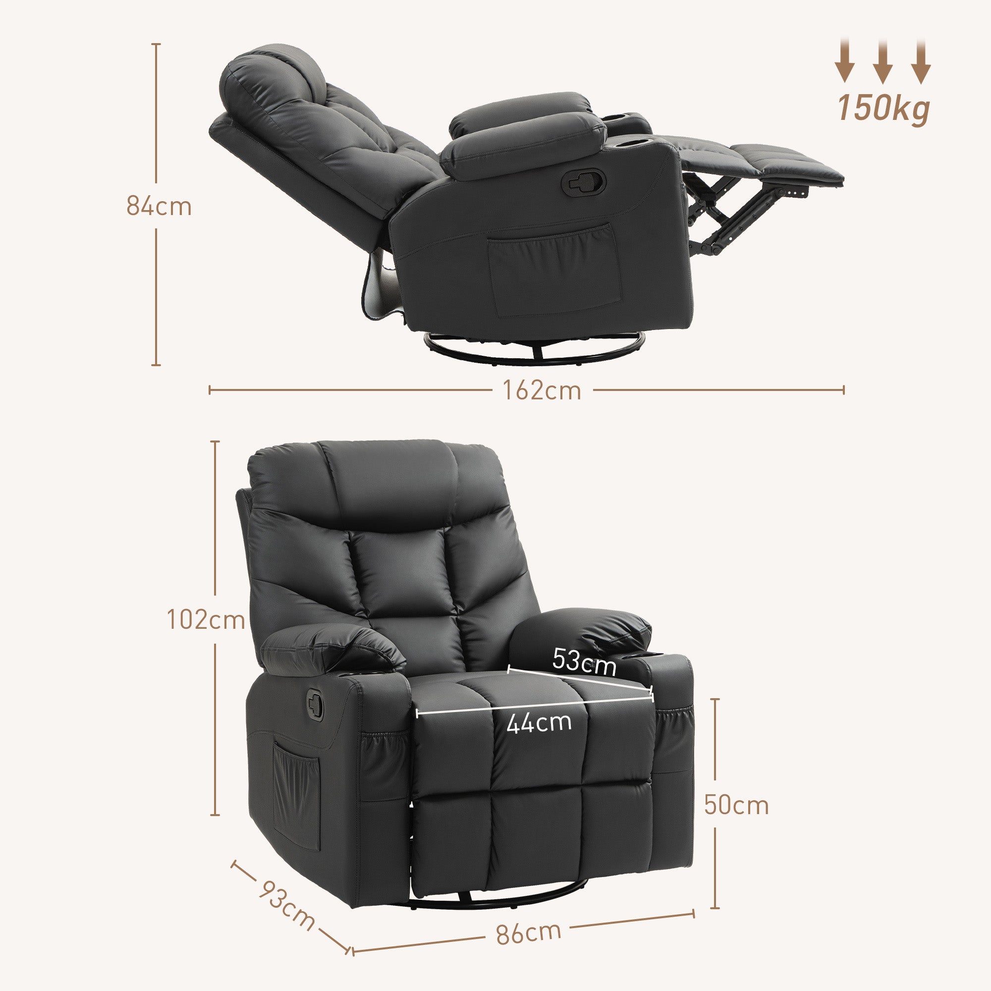 HOMCOM Manual Reclining Chair, Recliner Armchair with Swivel, Faux Leather, Footrest, Cup Holders, 86x93x102cm, Black - North Peak Garden Furniture