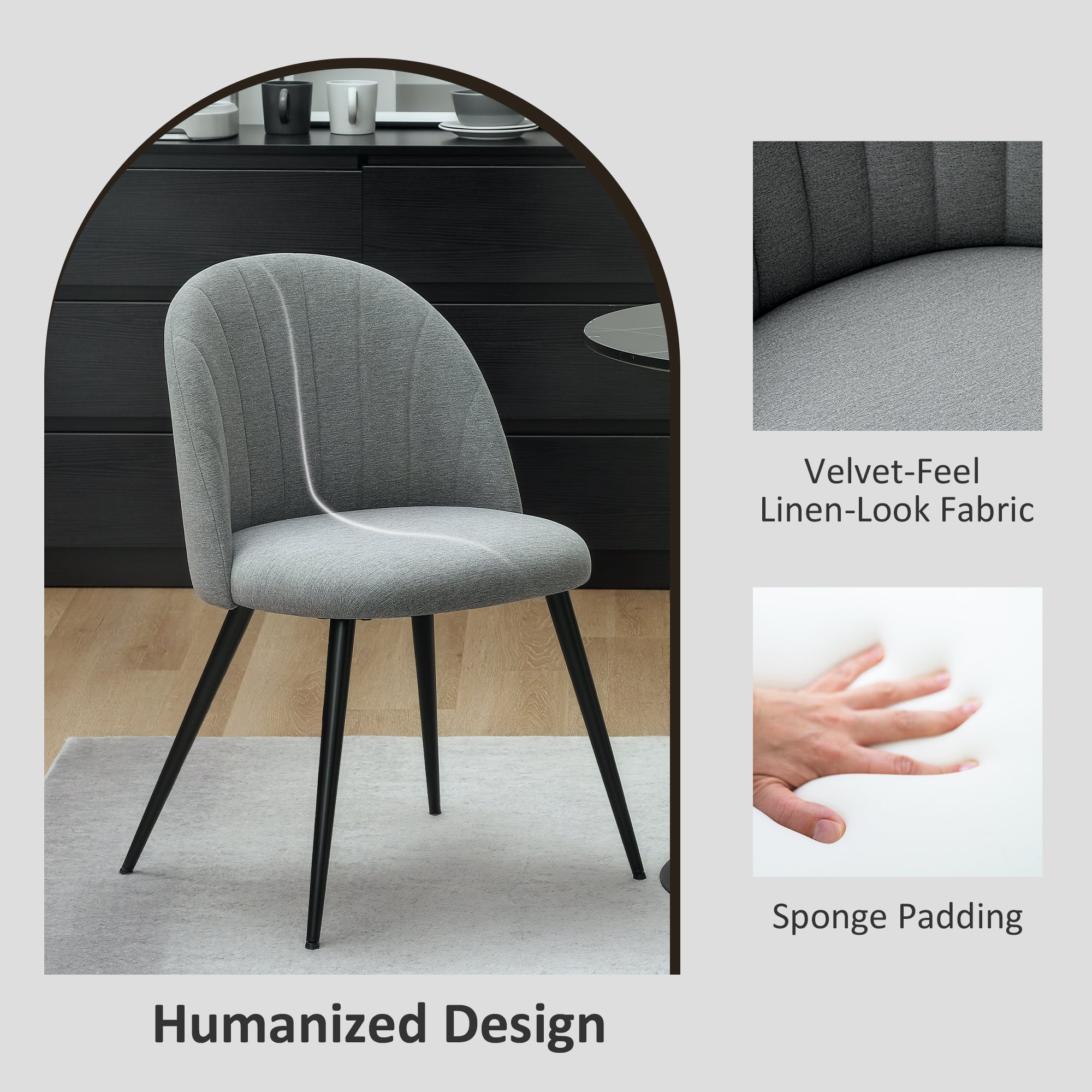 HOMCOM Velvet Dining Chairs Set of 2, Modern Upholstered Kitchen Chairs with Metal Legs, Shell Backrest and Padded Seat for Dining Room, Bedroom, Living Room, Vanity, Grey - North Peak Garden Furniture