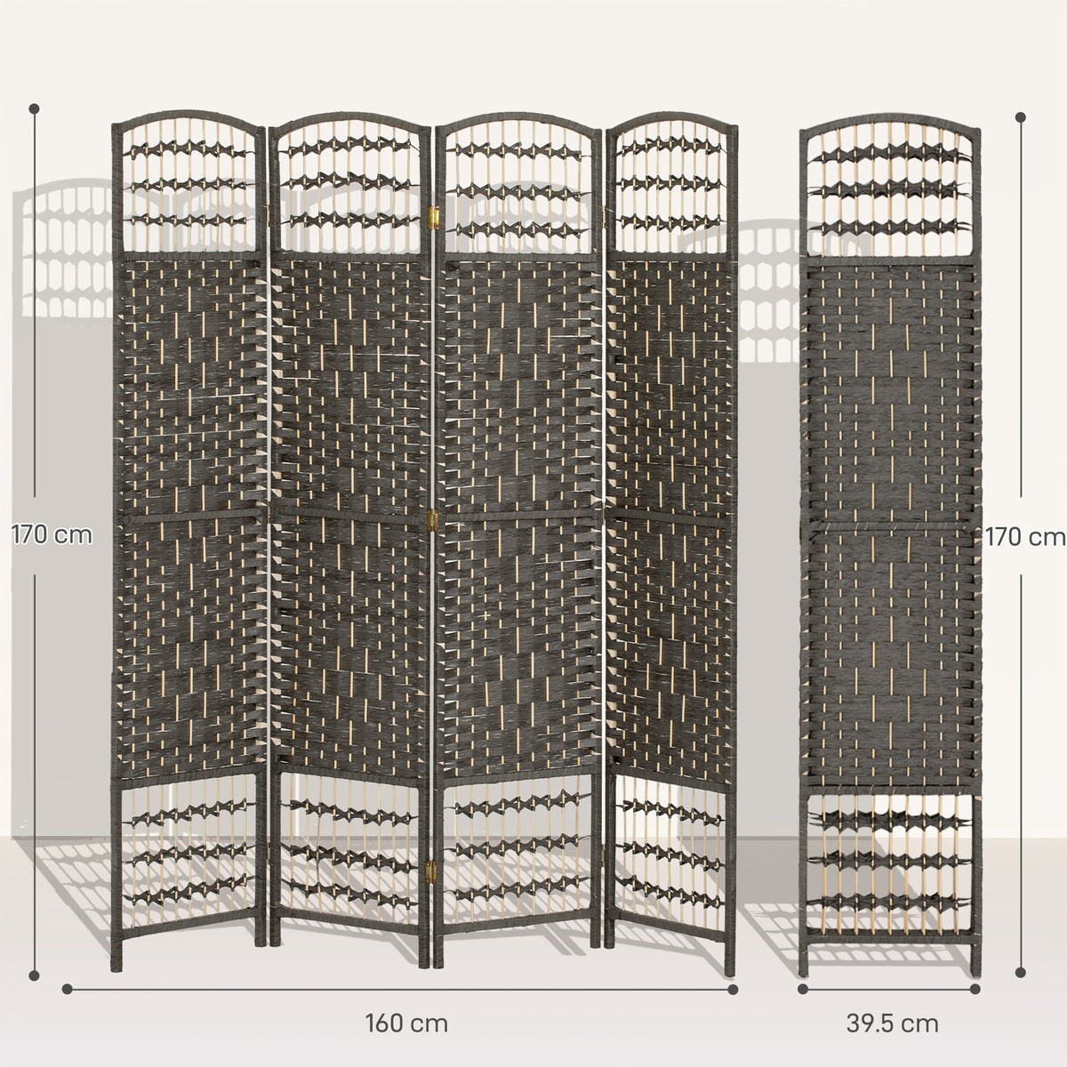 HOMCOM 4 Panel Folding Privacy Screen, Room Divider with Pine Wood Frame for Living Room and Office, Dark Grey