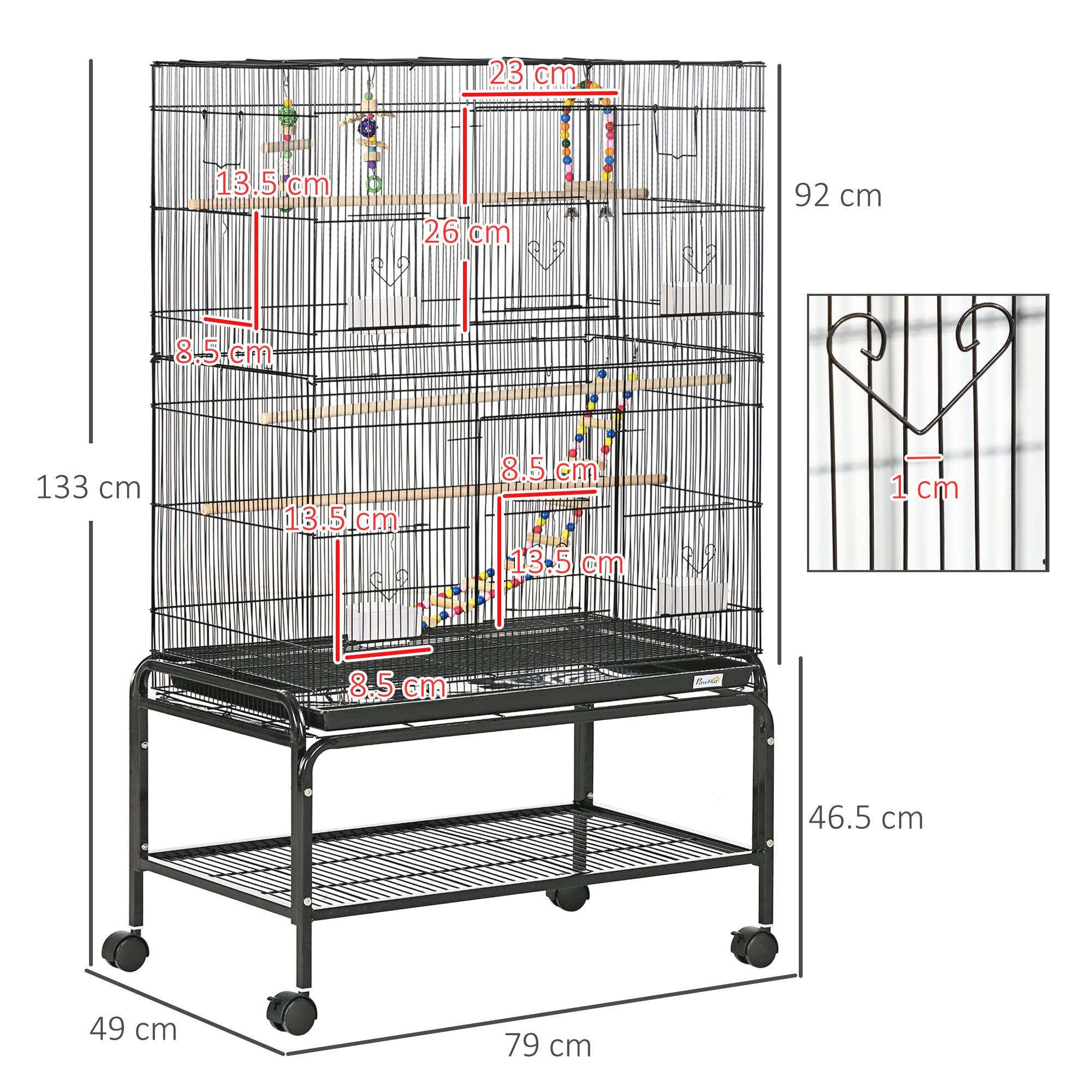 PawHut Large Bird Cage Budgie Cage with Stand, Toys, Wheels, Accessories, Storage Shelf for Canaries, Finches, Lovebirds, Parakeets - Black, 79 x 49 x 133 cm - North Peak Garden Furniture