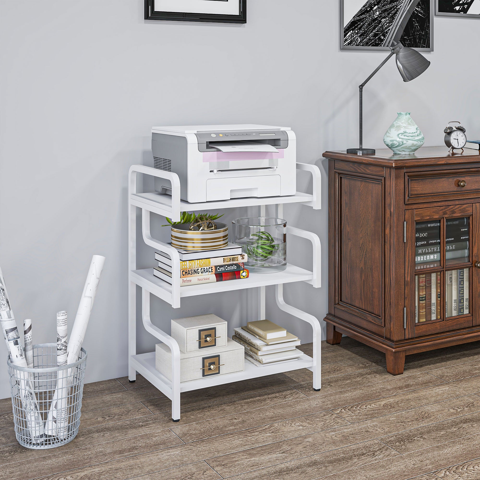 HOMCOM 3-Tier Printer Stand with Storage Shelves, Printer Table, 55 x 40 x 77cm Printer Shelf for Home Office, Study, White - North Peak Garden Furniture