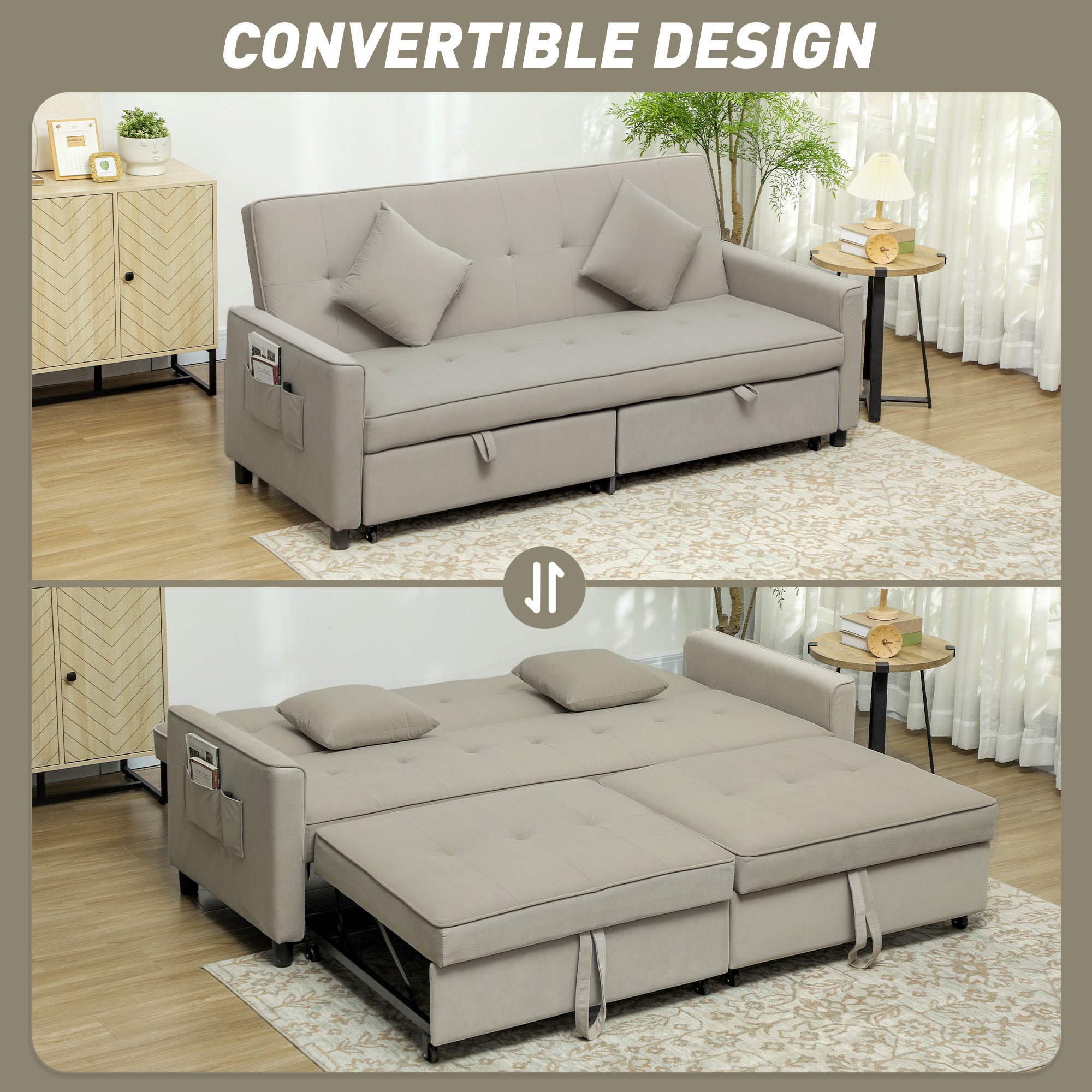 HOMCOM Three-Person Velvet-Feel Sofa Bed - Beige - North Peak Garden Furniture