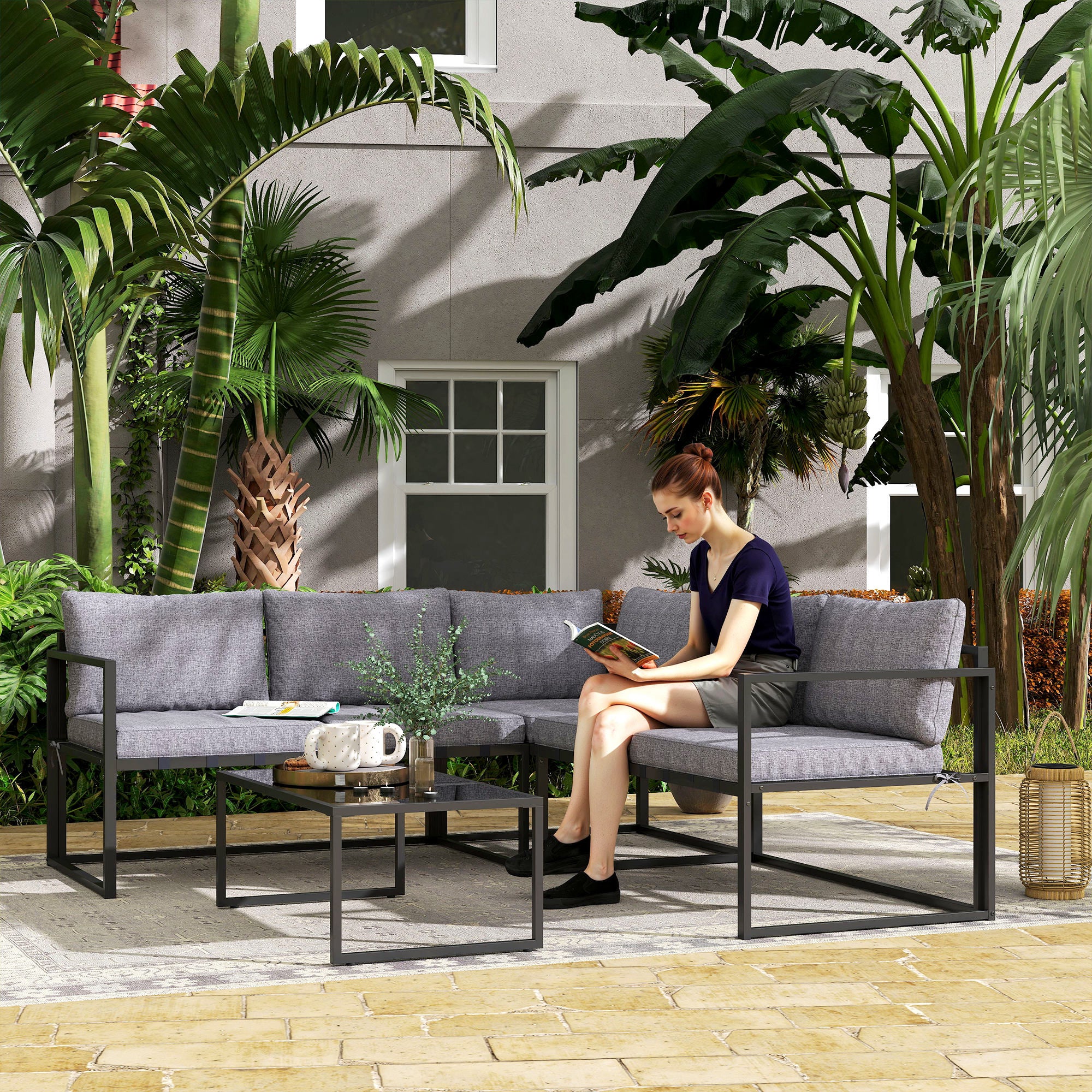 Outsunny Three-Piece L Shaped Garden Furniture Set with Cushions - Grey - North Peak Garden Furniture