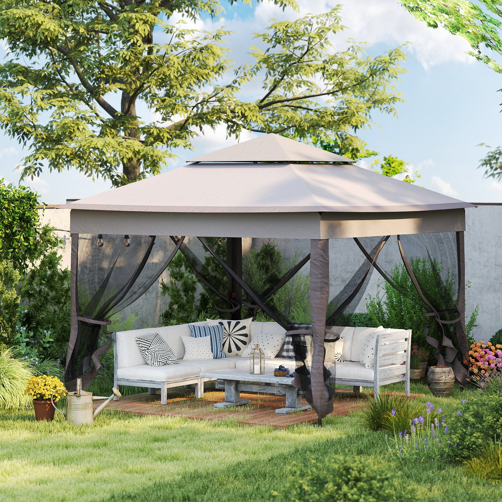 Outsunny 3.25 x 3.25m Deluxe Metal Gazebo, with Curtains - Brown and Grey - North Peak Garden Furniture