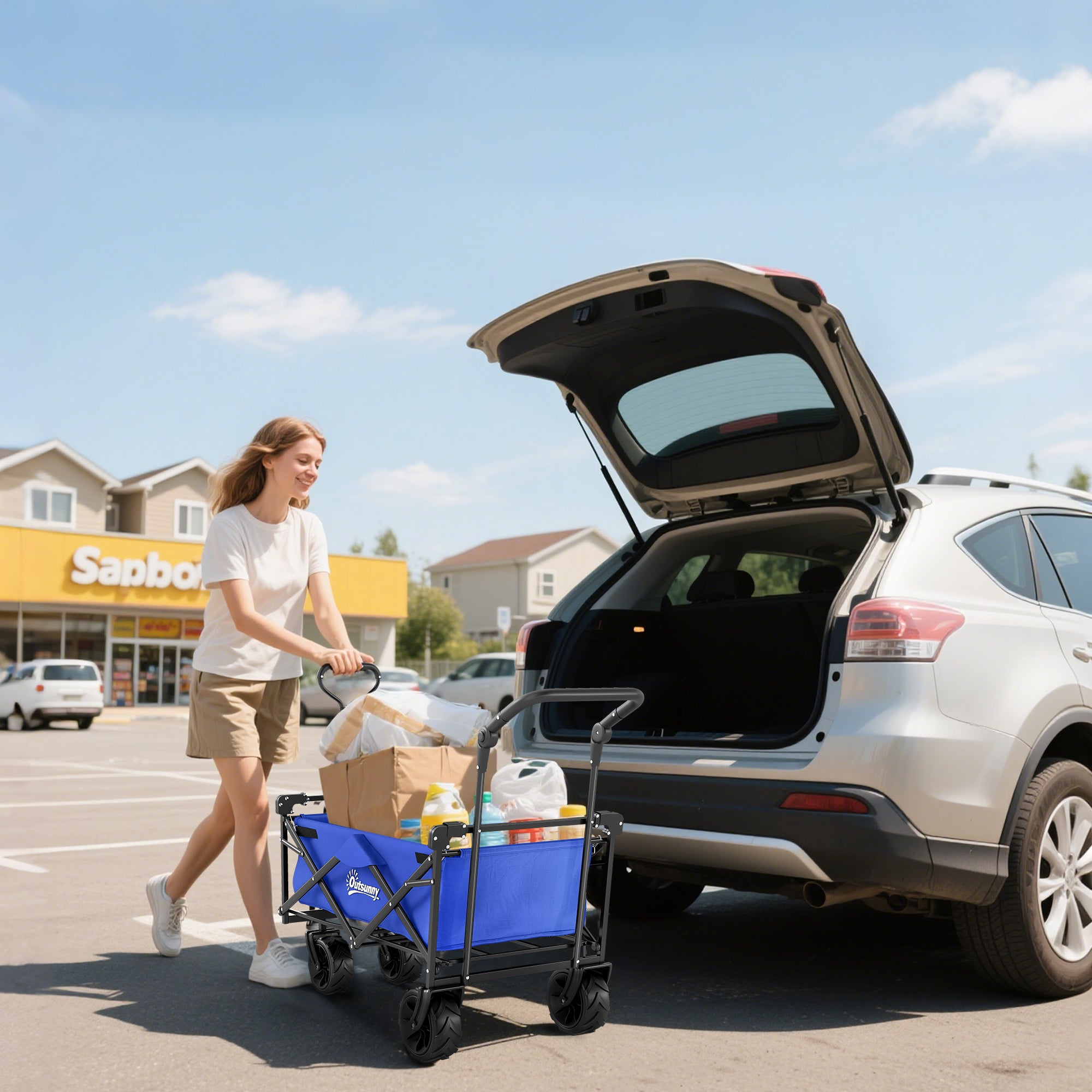 Outsunny Folding Trolley Cart Storage Wagon Beach Trailer 4 Wheels with Handle Overhead Canopy Cart Push Pull for Camping, Blue - North Peak Garden Furniture