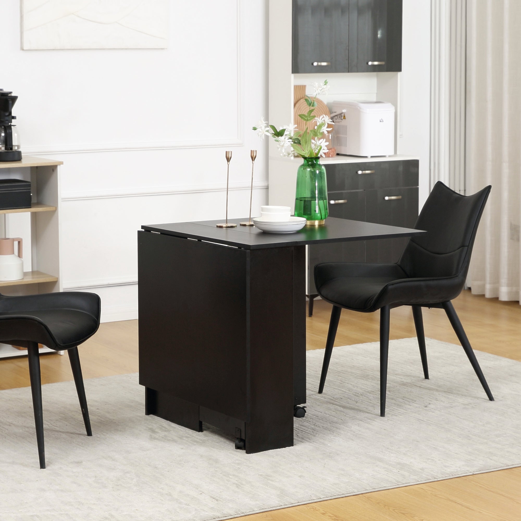 HOMCOM Foldable Dining Table, Extendable Drop Leaf Table with 2-tier Shelves, Small Dinner Table with Rolling Casters - North Peak Garden Furniture