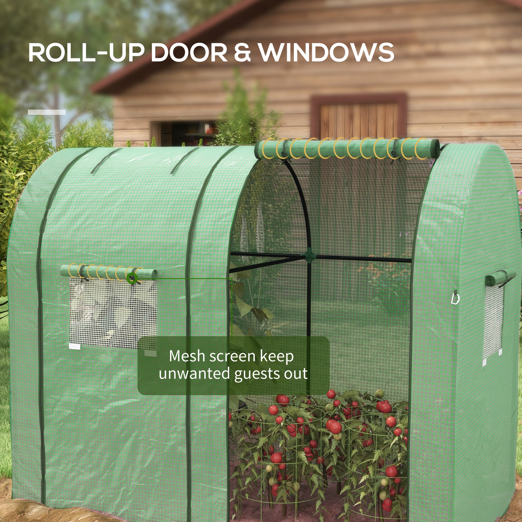 Outsunny Tomato Greenhouse, Garden Growhouse with 2 Roll-up Doors and 4 Mesh Windows, Portable Indoor Outdoor Green House, 185 x 94 x 150cm, Green - North Peak Garden Furniture