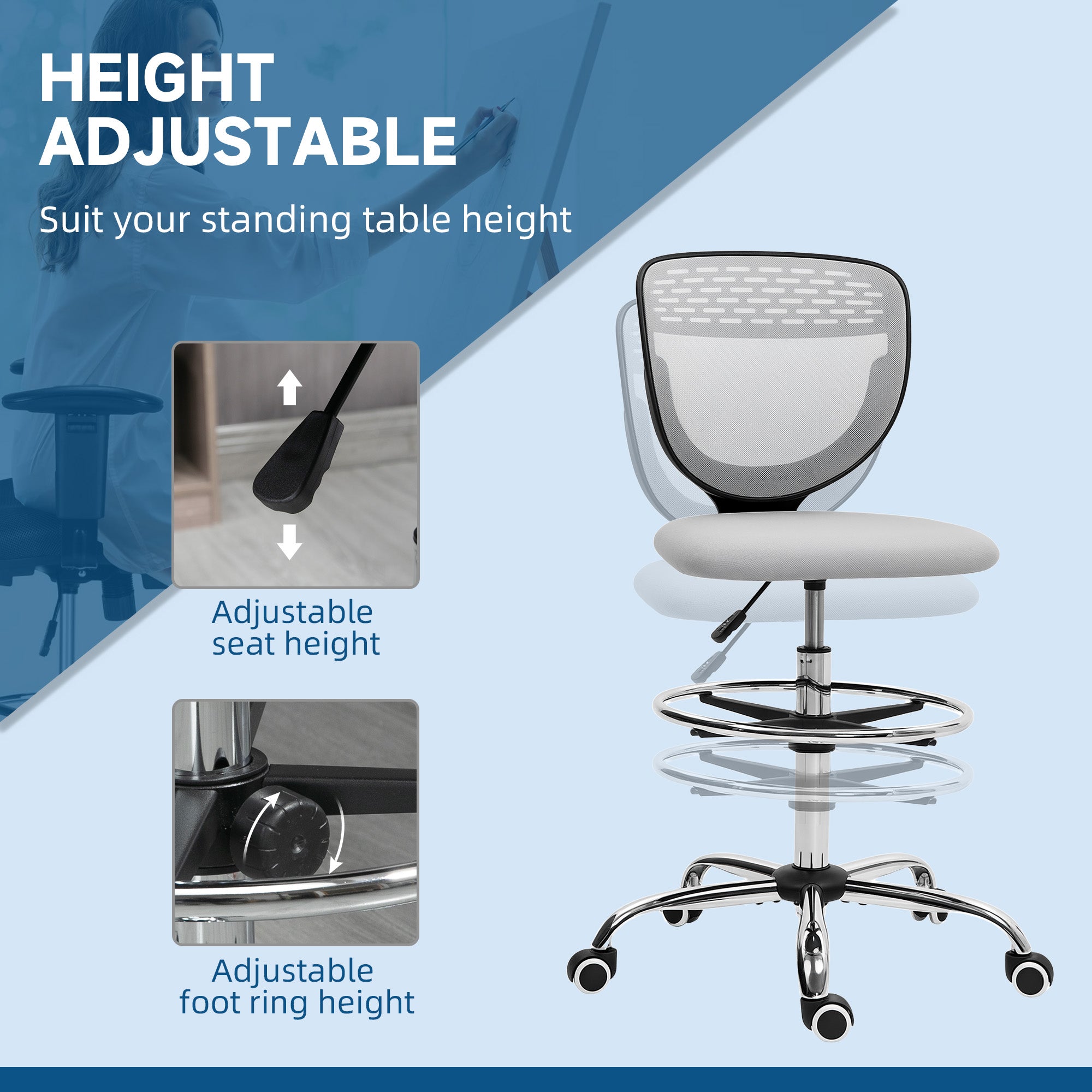 Vinsetto 68-88cm Draughtsman Office Chair, with Wheels - Light Grey - North Peak Garden Furniture