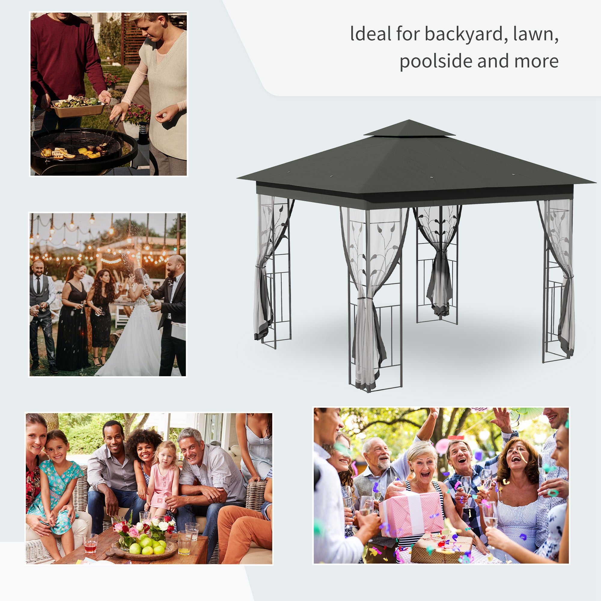Outsunny 3 x 3(m) Steel Frame Double Roof Garden Gazebo - Grey - North Peak Garden Furniture