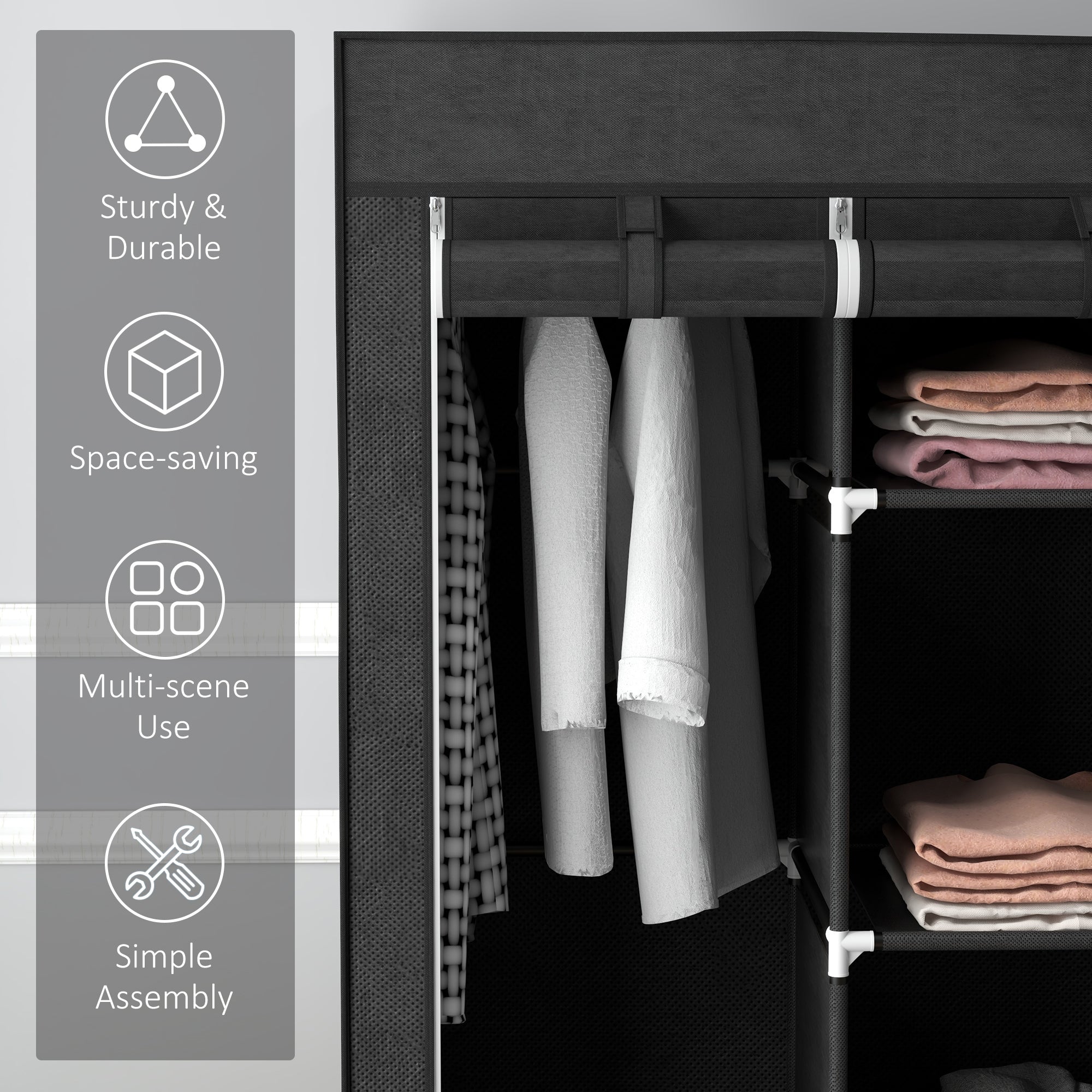 HOMCOM Foldable Fabric Wardrobe for Bedroom, Portable Wardrobe with 5 Shelves, 2 Hanging Rails and 3 Fabric Drawers, Black