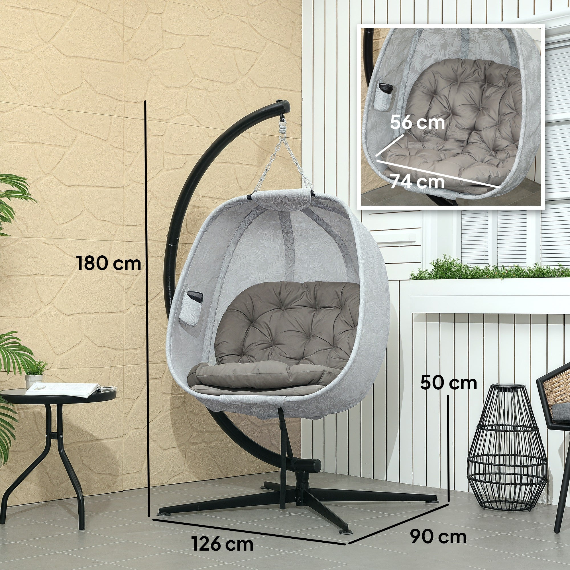 Outsunny Hanging Egg Chair Outdoor Indoor Garden Swing Chair with Folding Basket, Garden Hanging Chair with Stand, Thickened Cushion, Cup Holder for Patio, Balcony, Sand Brown - North Peak Garden Furniture