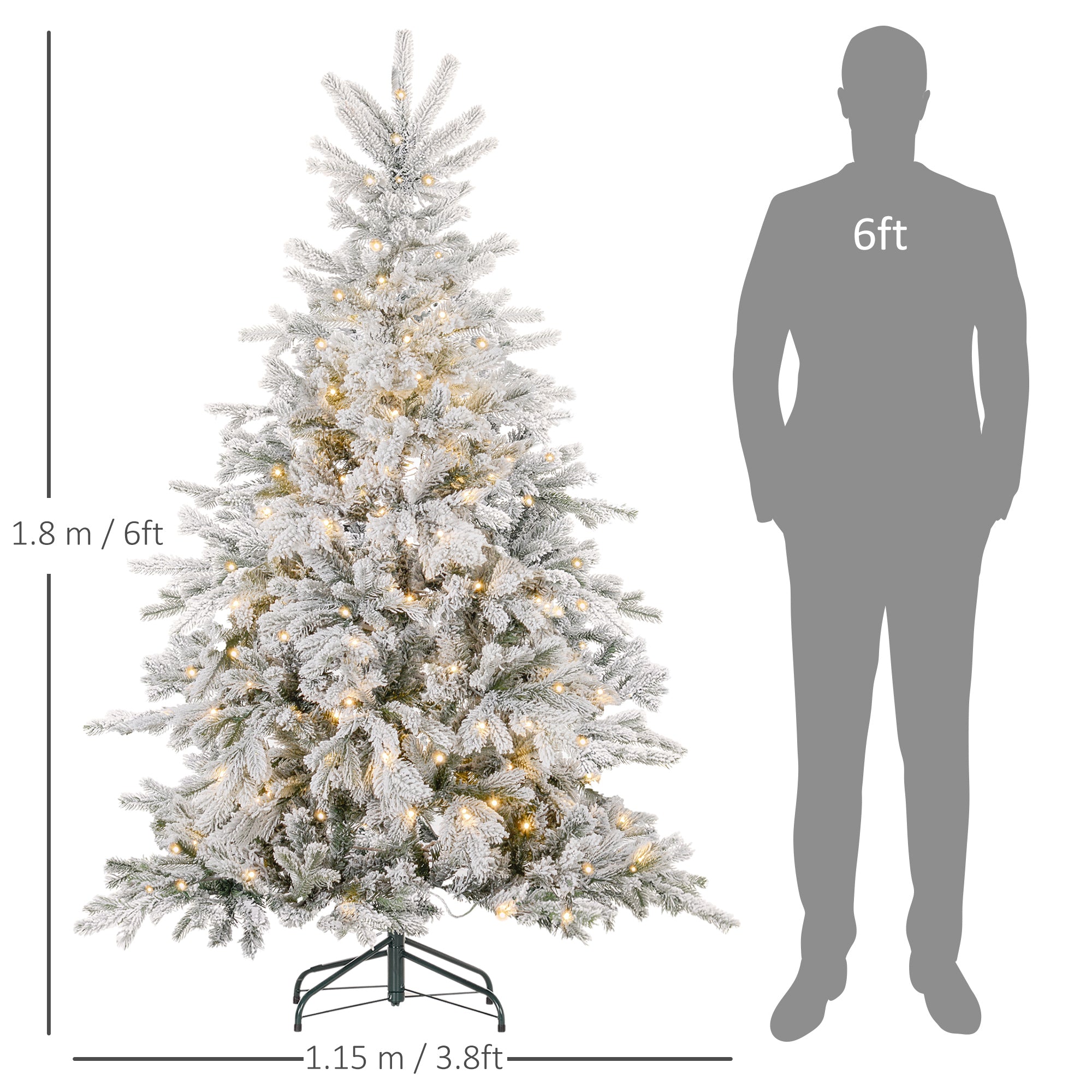 HOMCOM 6ft Bushy Snow-Flocked Artificial Christmas Tree, with LED Lights - North Peak Garden Furniture