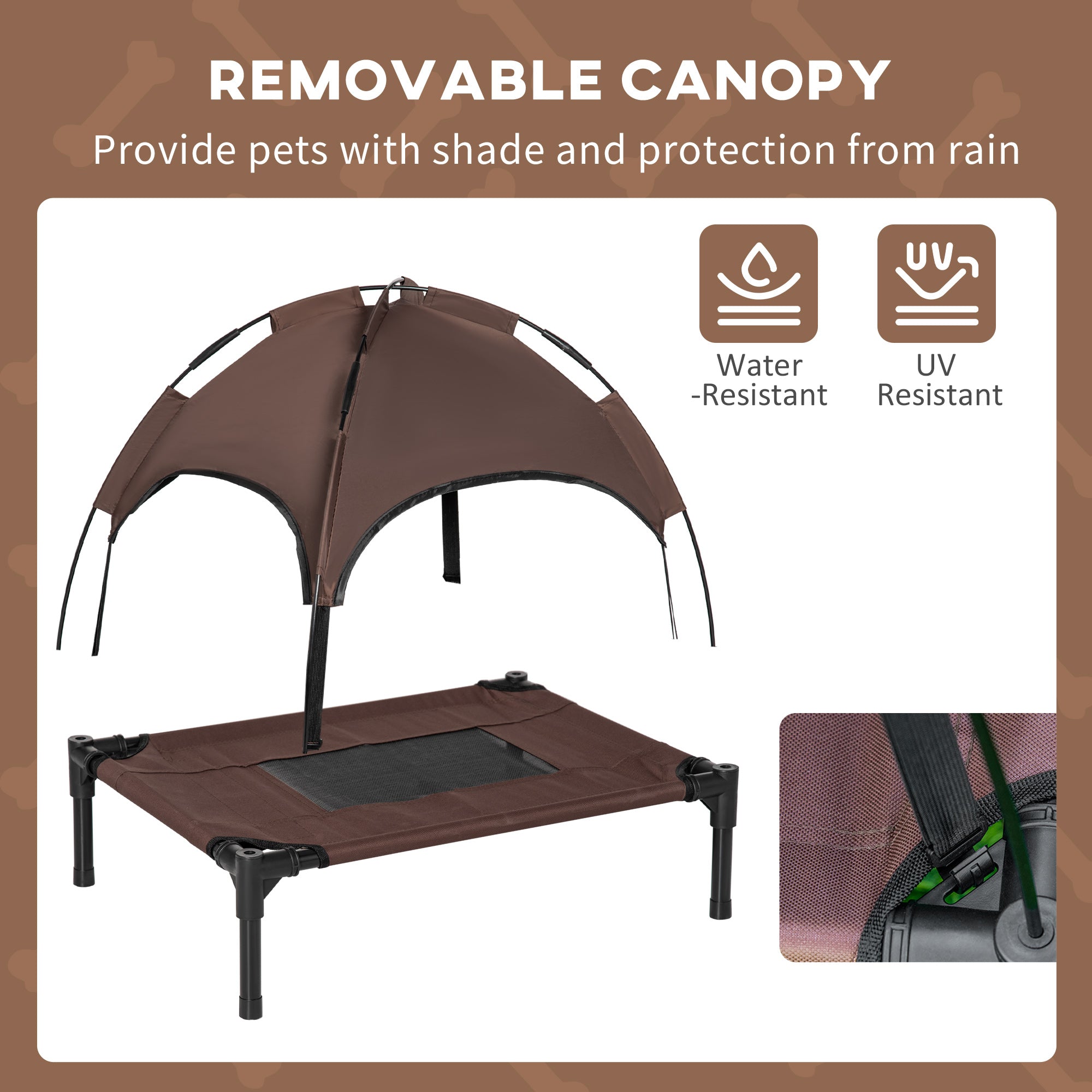 PawHut Raised Dog Bed Waterproof Elevated Pet Cot with Breathable Mesh UV Protection Canopy Coffee, for Small Dogs, 61 x 46 x 62cm - North Peak Garden Furniture