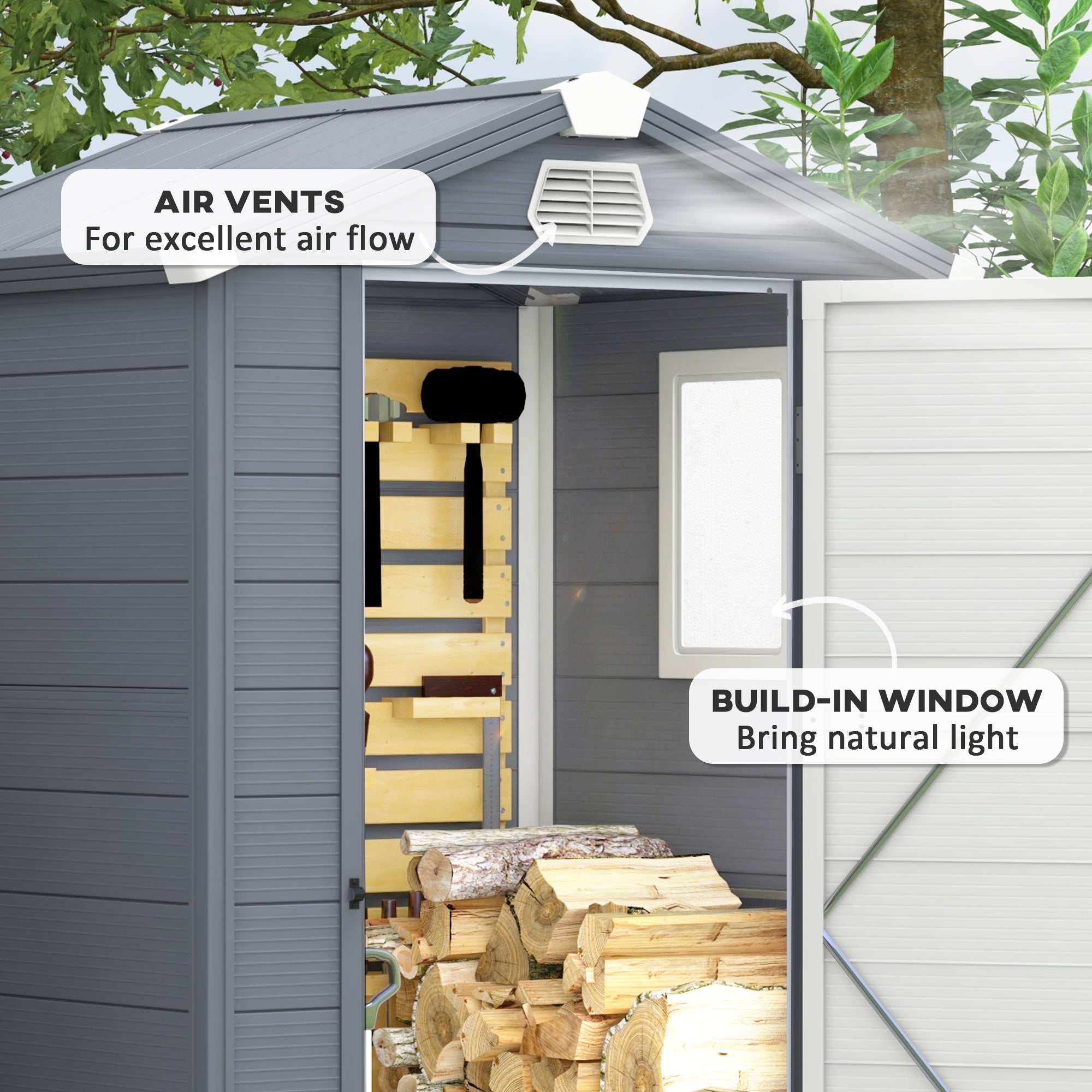 Outsunny 4.4ft x 3.3ft size Aluminium Frame and Plastic Wall Shed, with Foundation - Grey - North Peak Garden Furniture