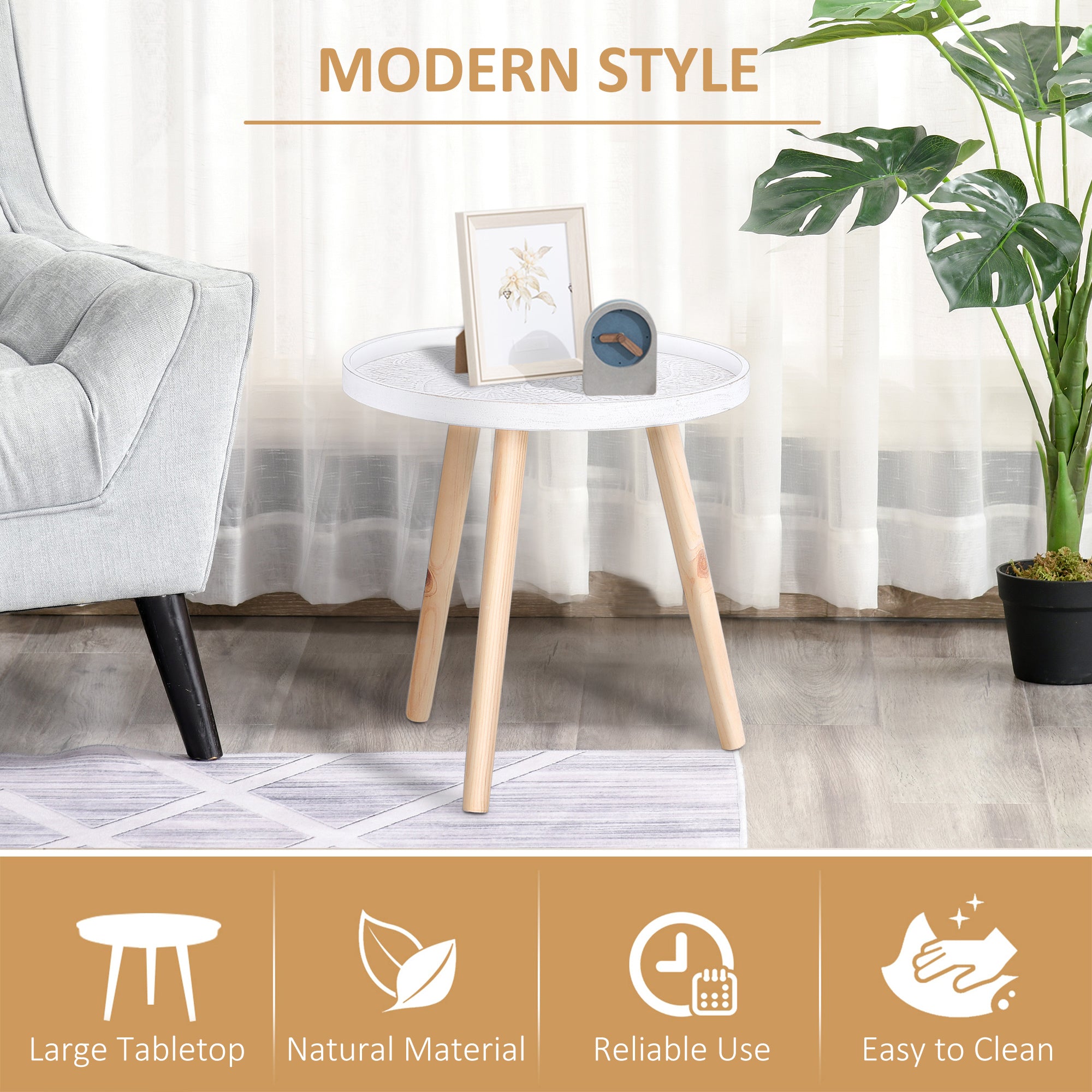HOMCOM Coffee Table, Carved Floral Round Table with Tray-style Top and Wood Legs, Modern Side Table for Living Room, Set of 2, White - North Peak Garden Furniture