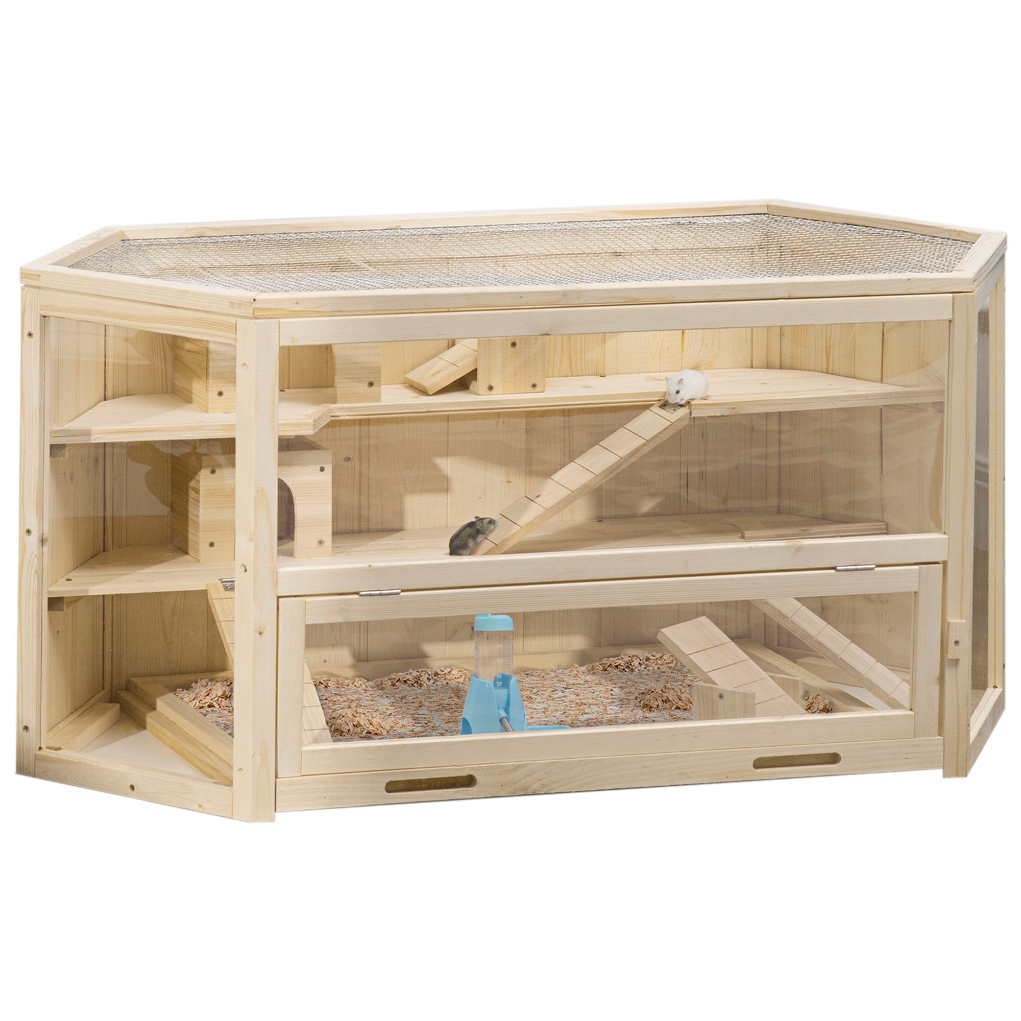 PawHut Wooden Large Hamster Cage Small Animal Exercise Play House 3 Tier with Sliding Tray, Seesaws, Water Bottle, Natural - North Peak Garden Furniture