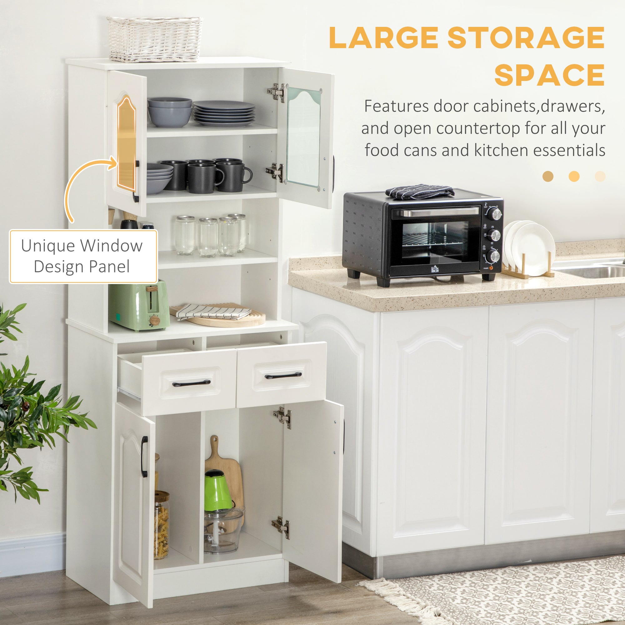 HOMCOM Kitchen Cupboard, Freestanding Storage Cabinet with 2 Adjustable Shelves, 2 Drawers and Open Counter for Living Room, Dining Room, 168cm, White - North Peak Garden Furniture