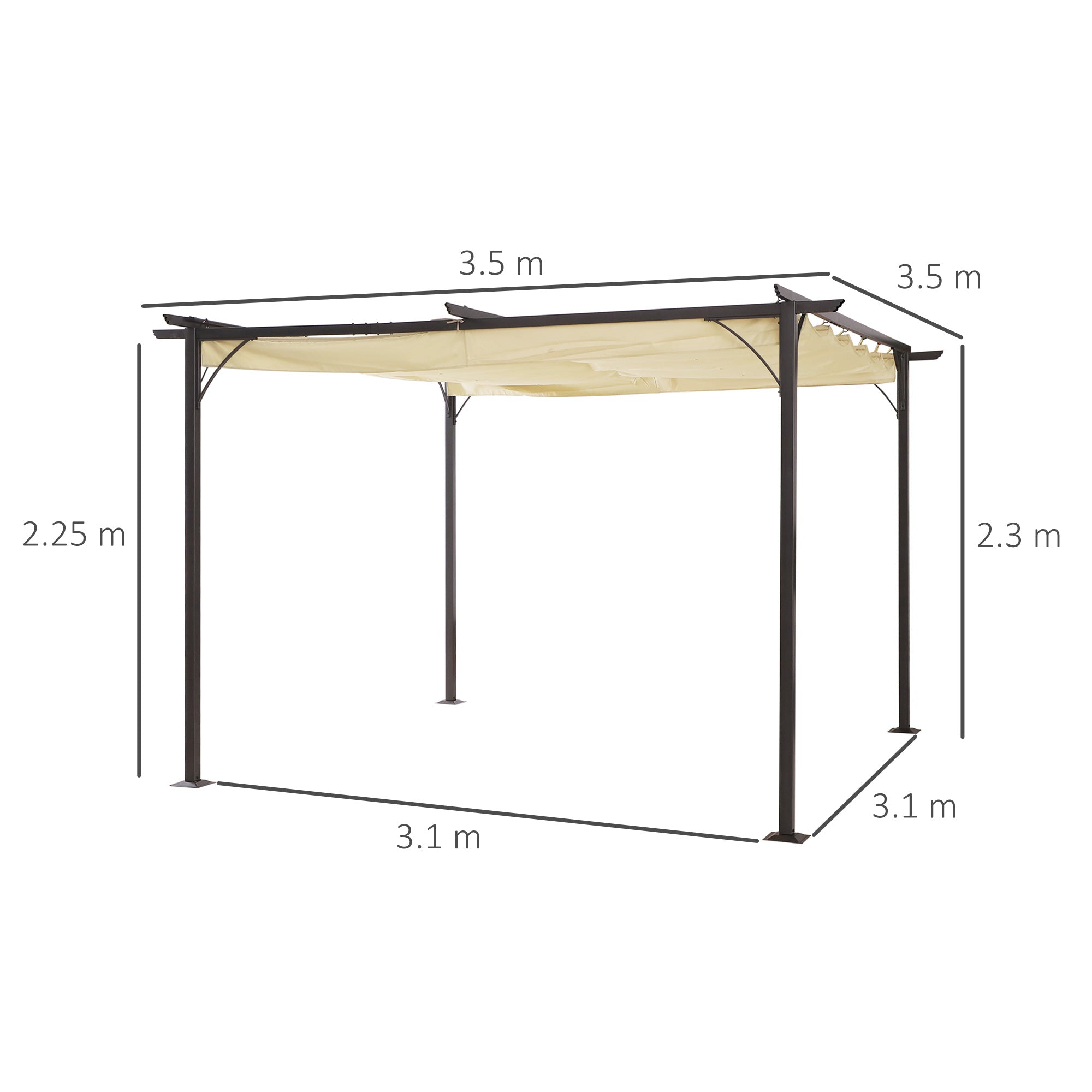 Outsunny 3.5M X 3.5M Metal Pergola Gazebo Awning Retractable Canopy Outdoor Garden Sun Shade Shelter Marquee Party BBQ, Beige - North Peak Garden Furniture