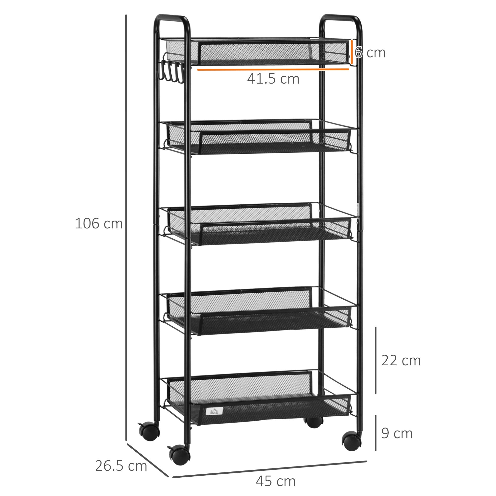 HOMCOM Five-Steel Mesh Basket Storage Trolley, with Wheels - Black - North Peak Garden Furniture