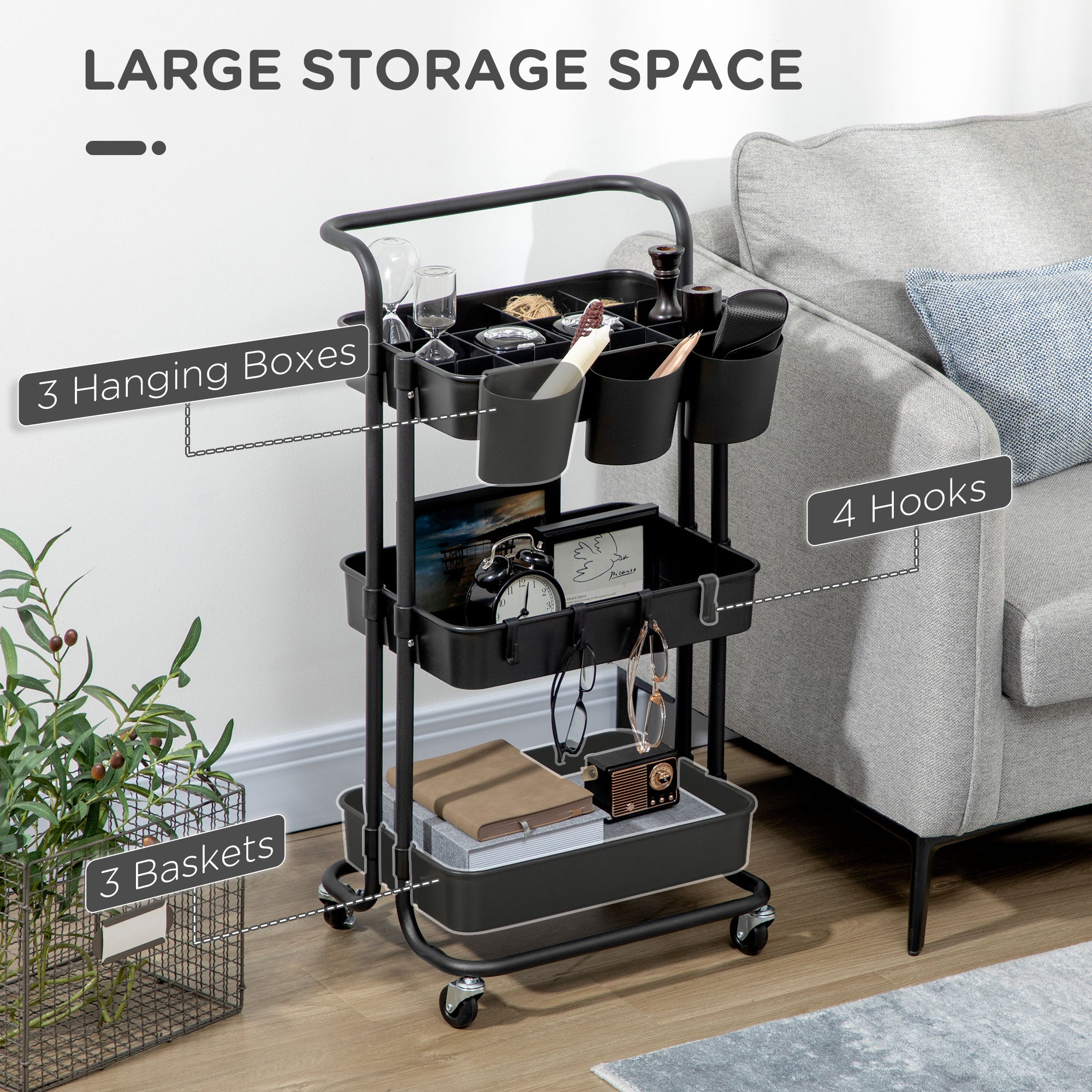 HOMCOM 3 Tier Utility Rolling Cart, Kitchen Cart with 3 Removable Mesh Baskets, 3 Hanging Box, 4 Hooks and Dividers for Living Room, Laundry, Garage, Black - North Peak Garden Furniture