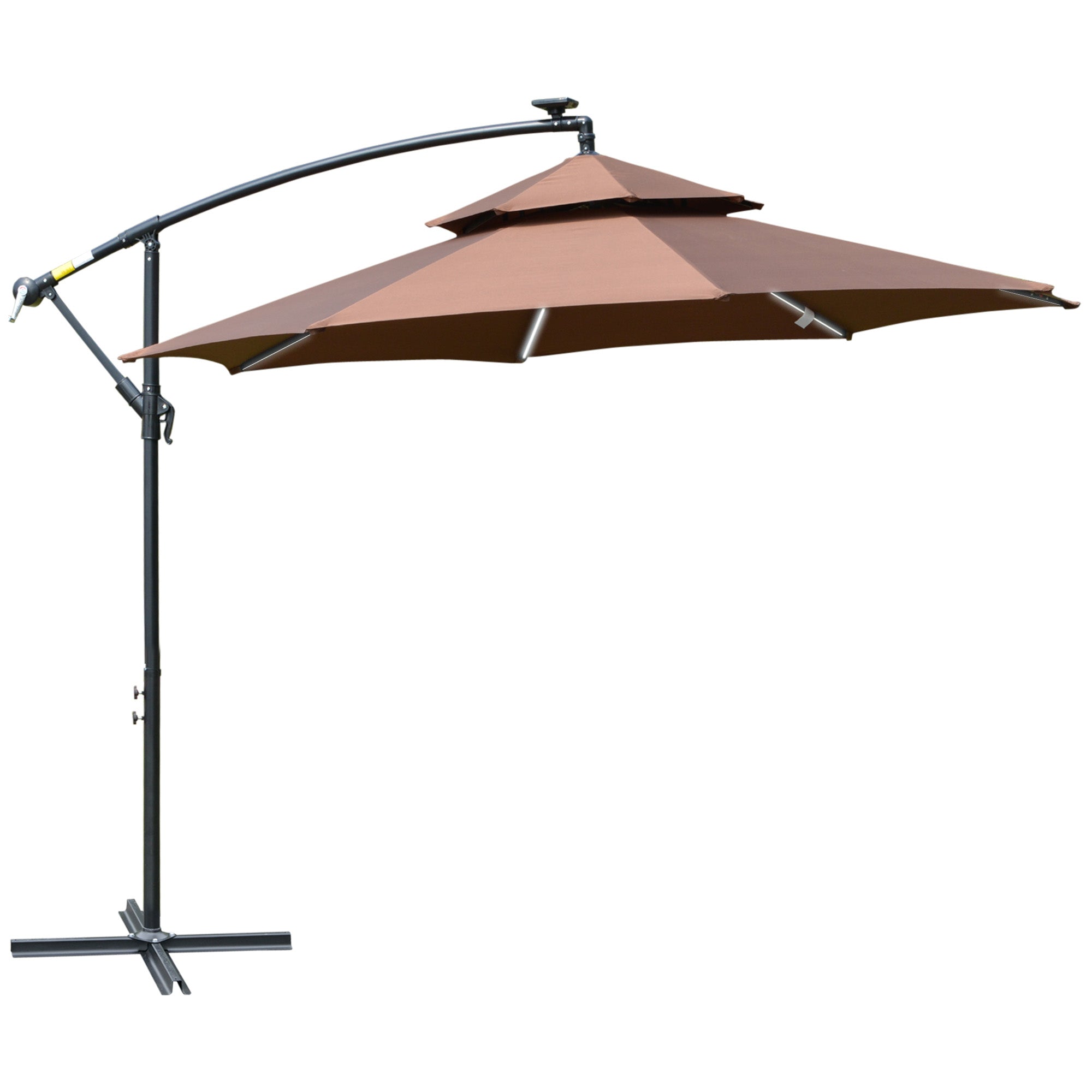 Outsunny 3(m) Cantilever Banana Parasol Hanging Umbrella with Double Roof, LED Solar lights, Crank, 8 Sturdy Ribs and Cross Base for Outdoor, Garden, Patio, Coffee - North Peak Garden Furniture