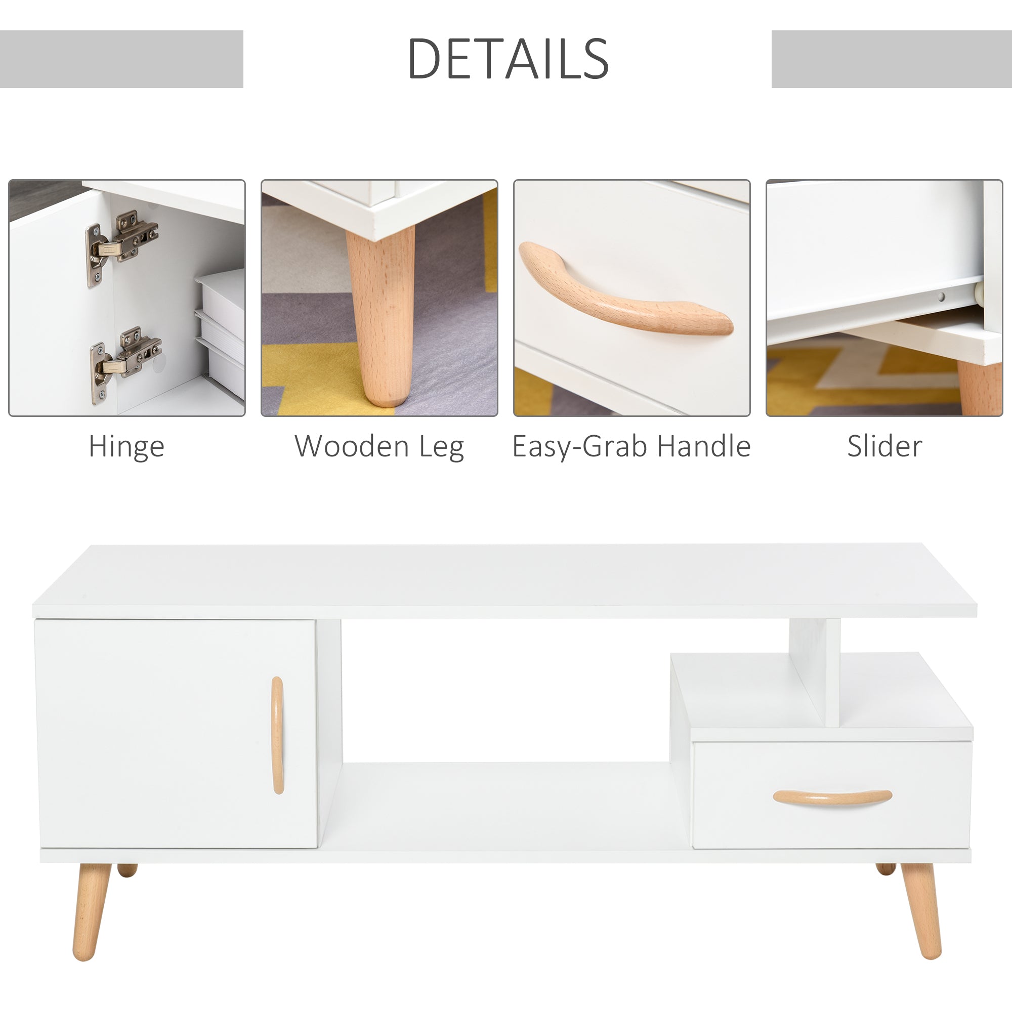 HOMCOM Modern Minimalism Coffee Table with Storage, Sofa Side Table with Shelf & Drawer for Living Room Reception Room, White - North Peak Garden Furniture